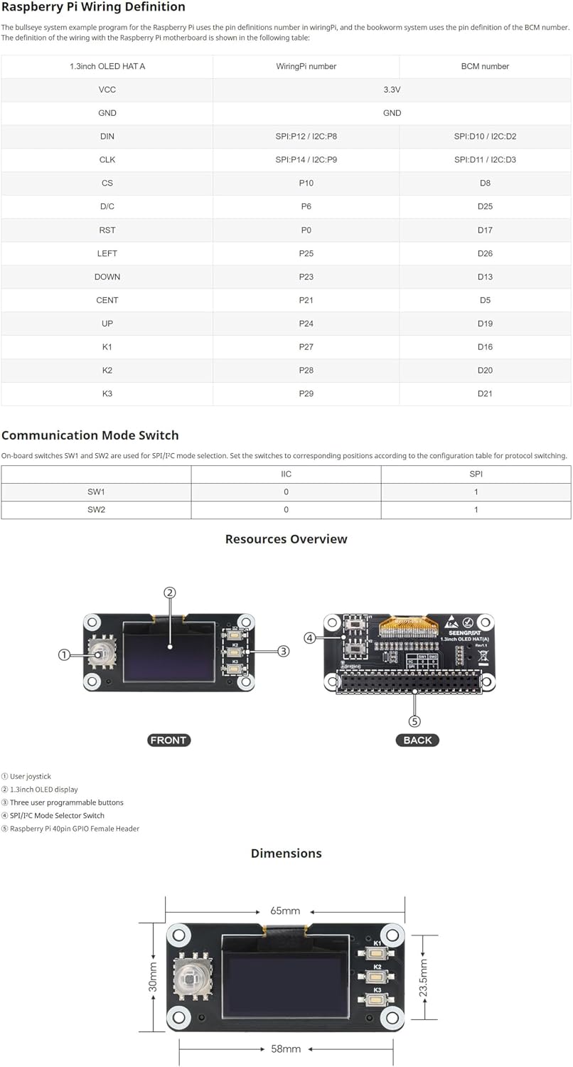 xicoolee 1.3inch 12864 SH1106 SPI/I2C OLED Display HAT for Raspberry Pi, Screen Module with Joystick & Buttons