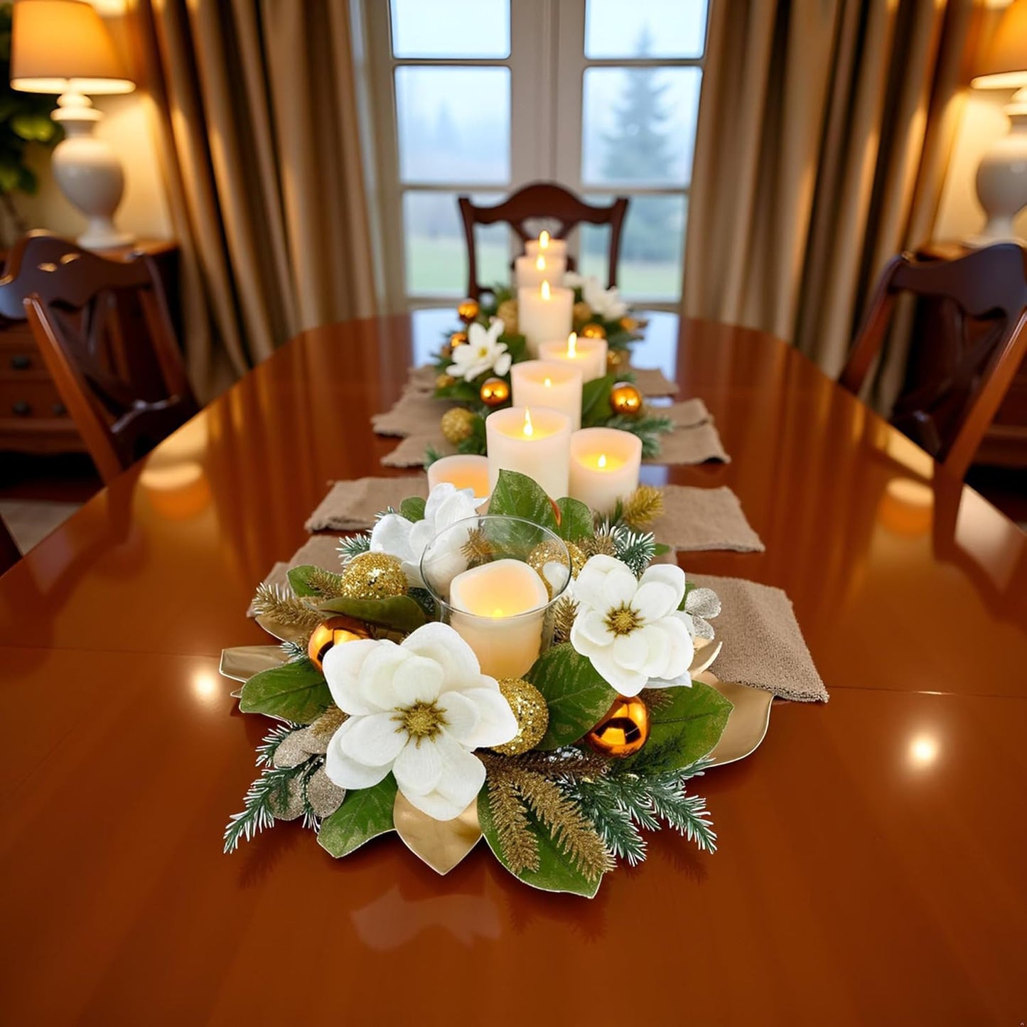 Skiennix 18" Centerpiece - Flameless LED Candle Holder with White Magnolia & Gold Baubles for Holiday Decor