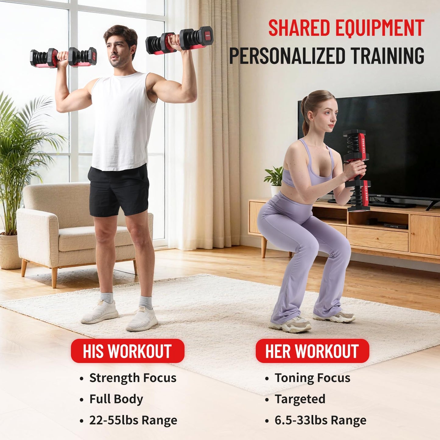 HXD-ERGO 15 IN 1 Adjustable Dumbbell Set/Single, 1-Second Quick Change Weights, 55/110 LBS Free Weights Adjustable Dumbbell with Anti-Slip Grip & Secure Lock, Space-Saving Home Gym Equipment for Men/Women Full Body Workout (Single, 55LBS)