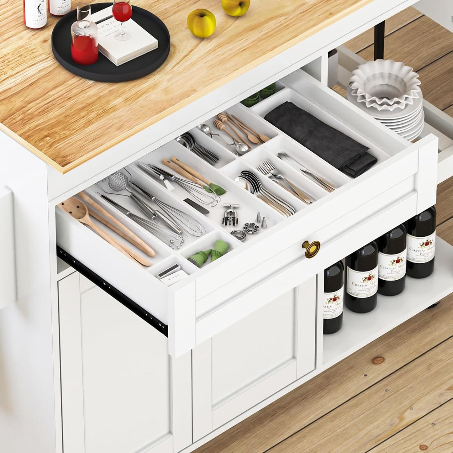 DalyLuxa 78"-49" Extendable Rolling Kitchen Island with Extended Dining Table, Mobile Kitchen Storage Islands with Storage Drawers, 2-Tier Storage Shelf, White