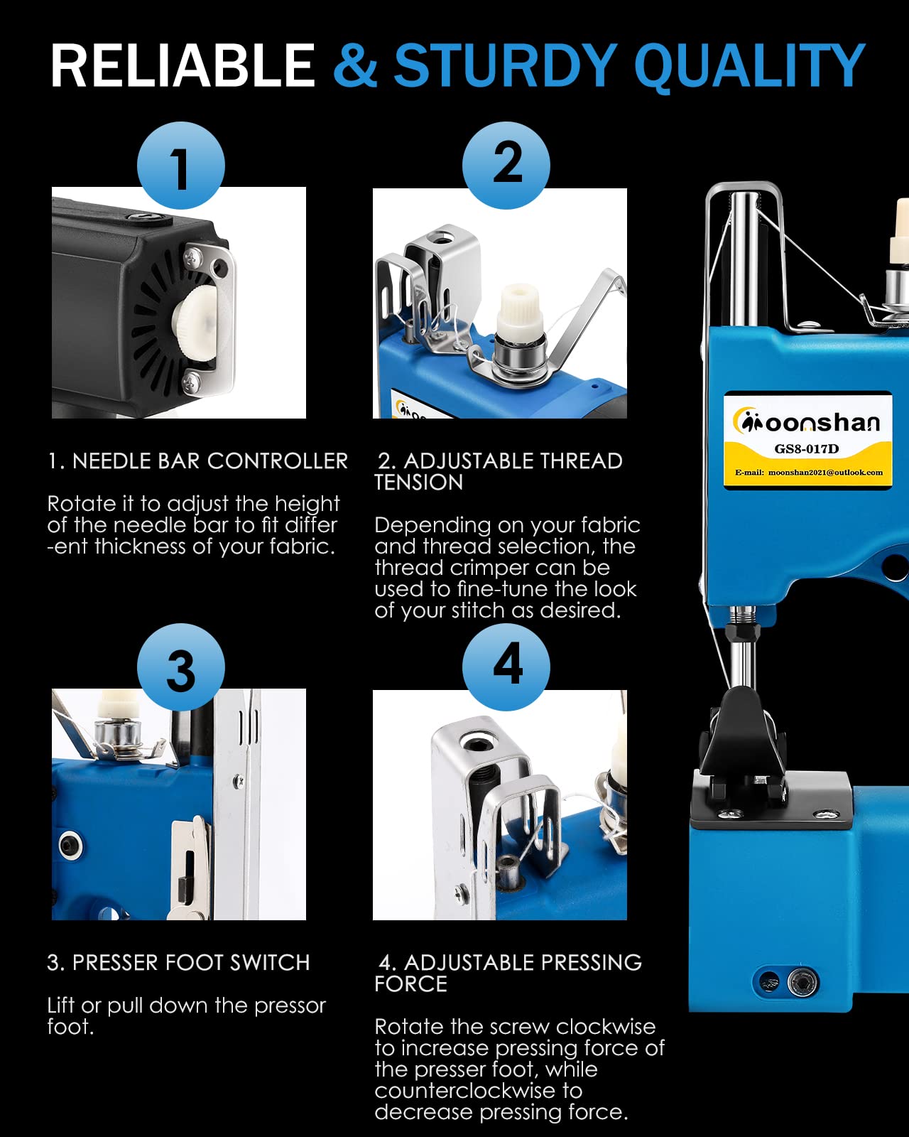 Moonshan Cordless Bag Closer Machine, Industrial Bag Closing Machine Bag Sewing Machine Automatic Thread Cutting Machine for Packing Woven Bags Non-woven Fabrics Leather GS7-017D