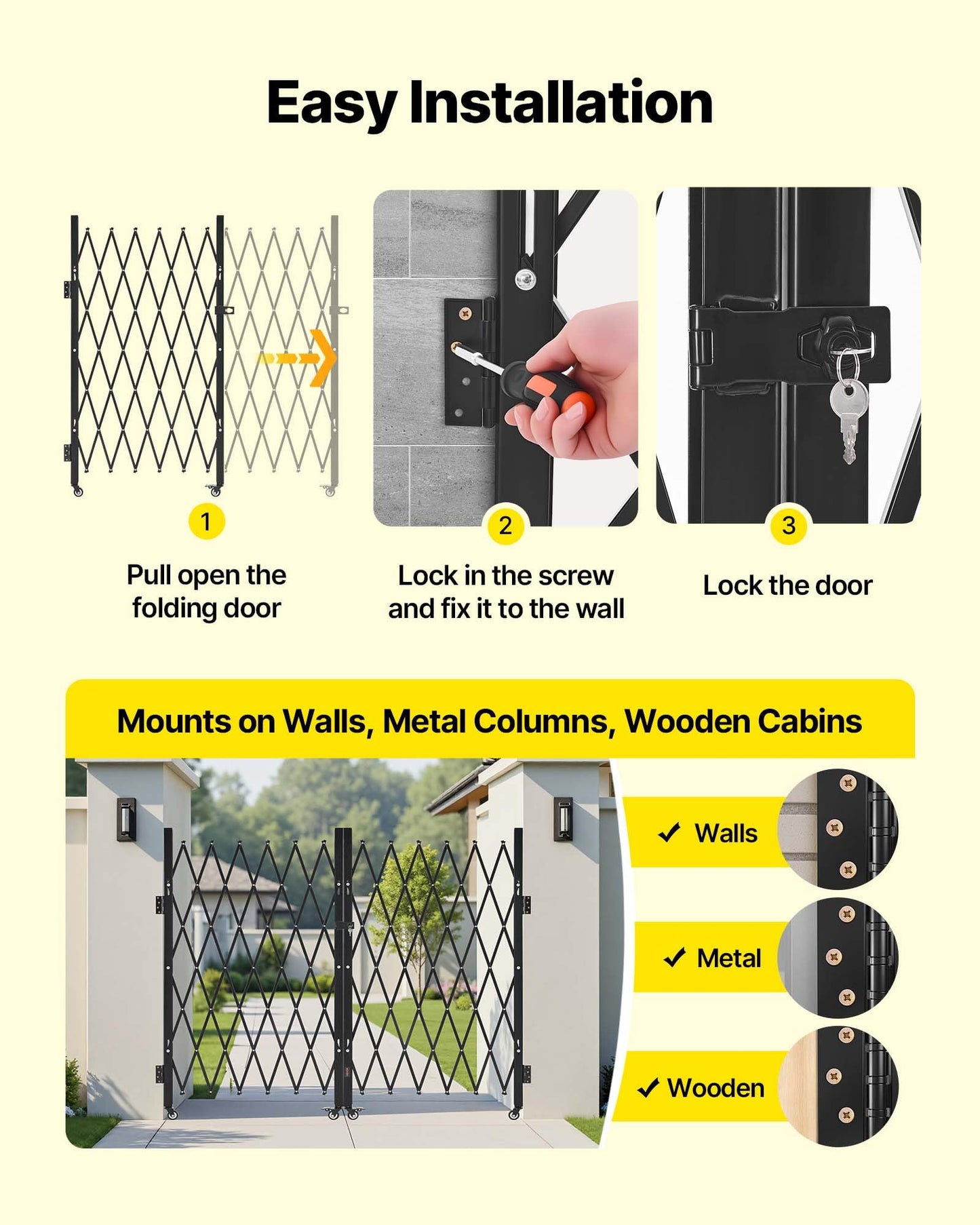 VEVOR Double Folding Security Gate, Lockable Scissor Gate with 360° Swivel Casters, Outdoor Barricade Steel Retractable Gates, for Entry Security, Garage, Warehouse & Pool, 125.98 x 63.19 in (W x H)