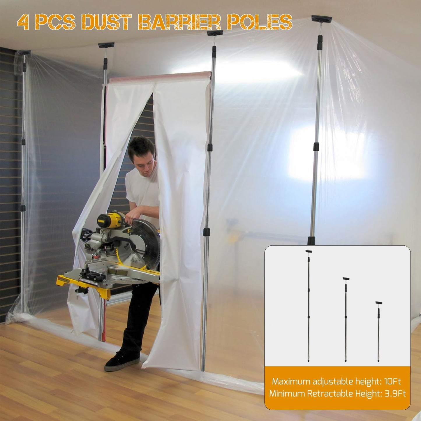 SAFEACET 4 Pack Stainless Steel Zipper Walls Poles Kit, 10FT Retractable Efficient Construction Temporary Dust Containment Barrier System