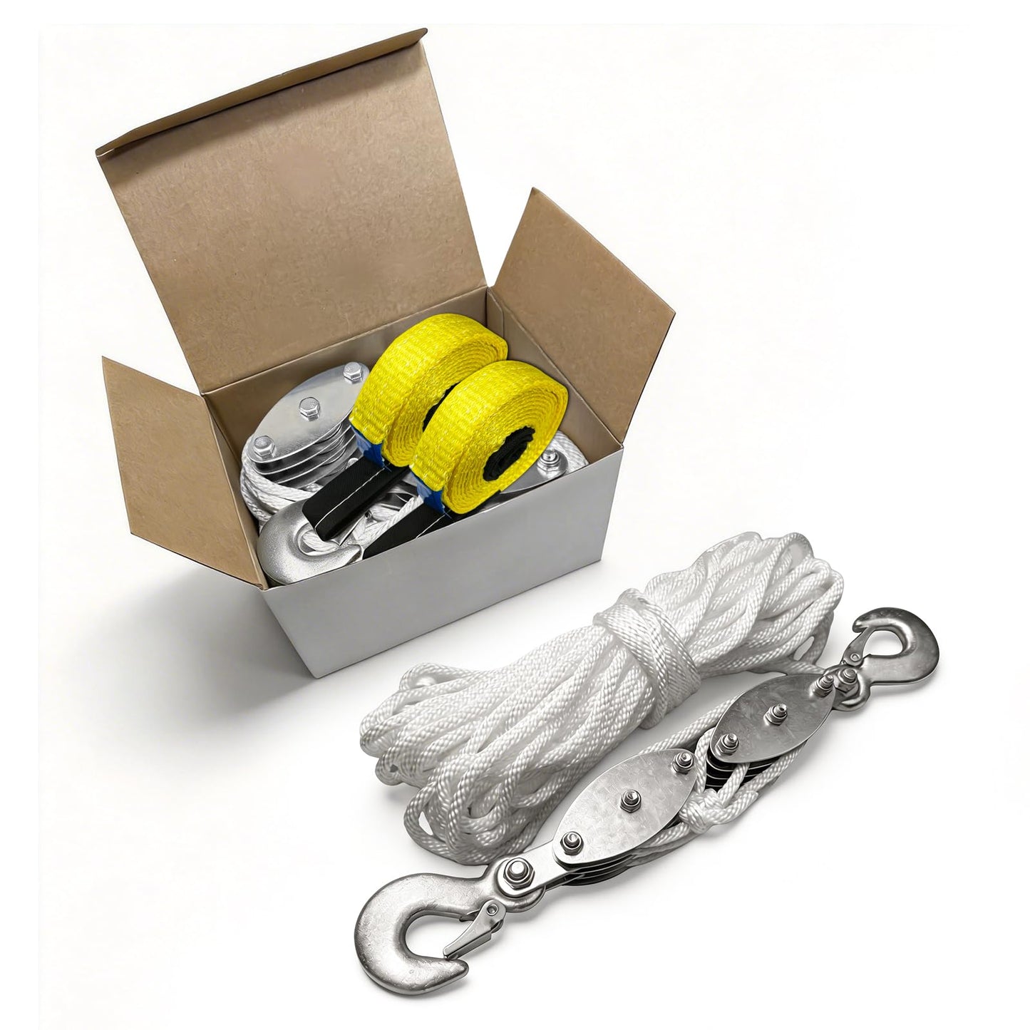 YATOINTO Upgraded Rope Pulley Hoist 4400 LB, 8:1 Pulley Block and Tackle System, Pulley Block 2200LB Loading Capacity, 65ft Heavy Duty Rope Hoist for Hunting Garage Warehouse (with 2PCs Straps)