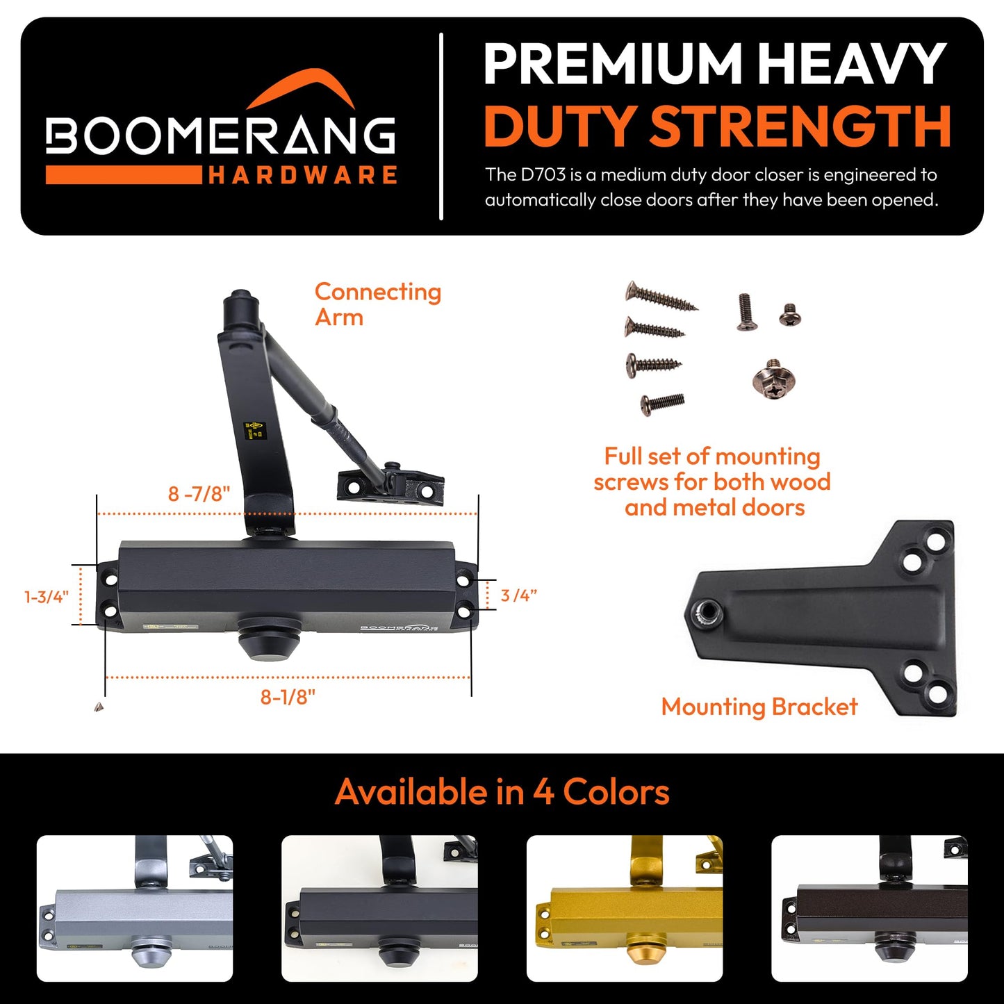 Boomerang D703 Medium-Duty Designer Auto Commercial Door Closer, Multiple Mount Options, Door Closer for Medium/High Traffic Areas, UL 3 Hour Fire Rated, Matte Black (US19)