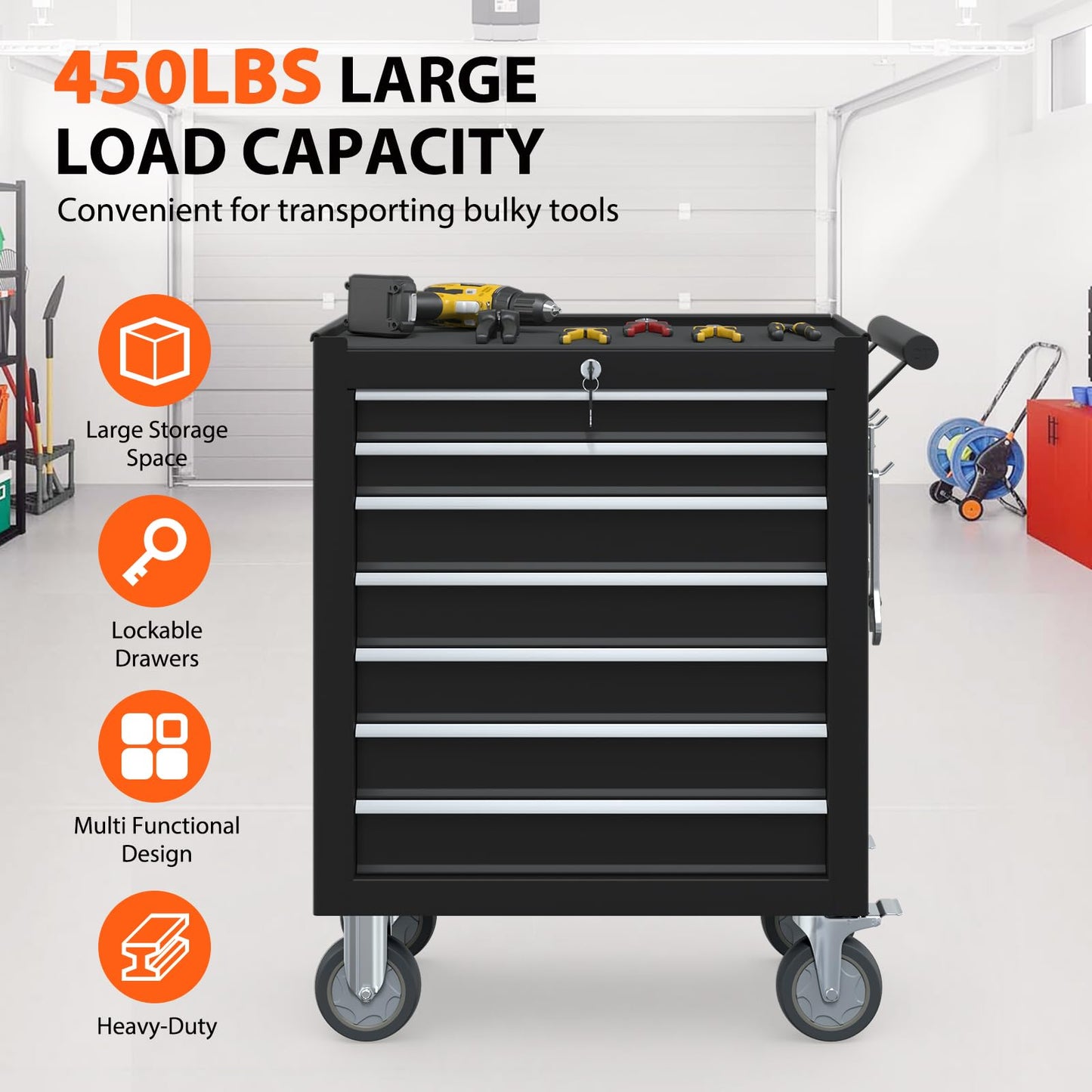 Granper 7-Drawer Rolling Tool Chest, Tool Box with 4 Wheels and Drawers, High Capacity Detachable Mobile Tool Storage Cabinet for Garage, Workshop, Mechanics and Repair Room (Black)
