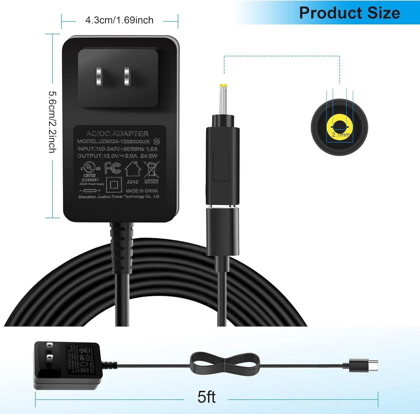 WAMOVAL 12V 2A 24W 100-240V 50-60HZ 5.5X2.5MM 3.5X1.35MM (5FT) Type C Power Supply Universal AC/DC Adapter Input