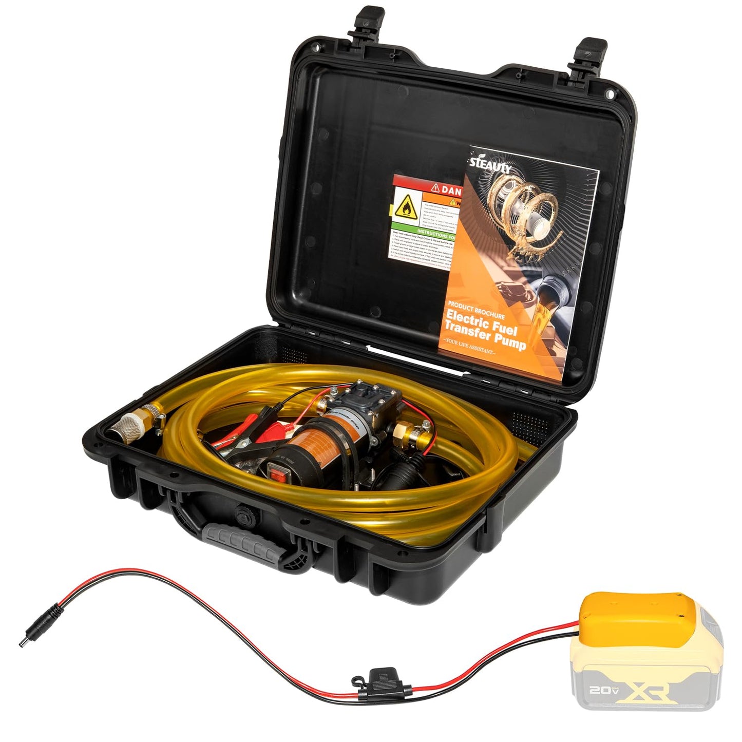 Steauty 24V 120GPH Fuel Transfer Pump Set with Upgraded Carrying Case & Battery Adapter, Compatible with DeWalt 20V Battery, for Vehicles, Boats(120GPH 24V, Pump with Yellow Adapter)