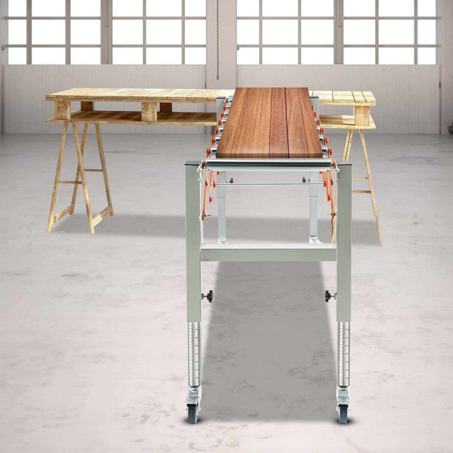 Adjustable Conveyor Table, Material Handling Table, 110 lb Extendable Conveyor with Swivel Casters & Hooks, 4 Brake Wheels, Industrial Conveyor for Warehouse, Assembly, Woodworking