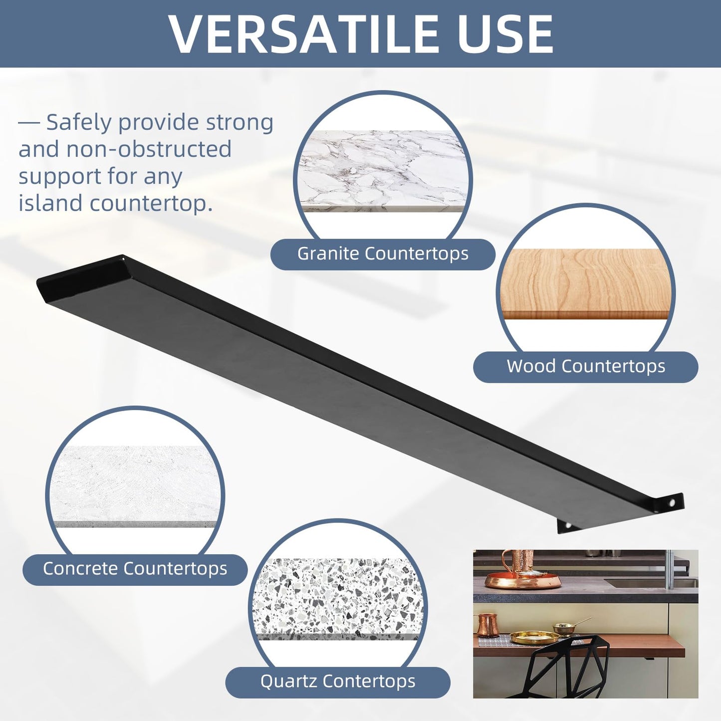 Hidden Island Countertop Support Bracket, Solid Heavy Duty Floating Shelf Bracket Straight Bracket for Granite/Wood/Concrete/Quartz Countertops, 1 Count, 28 Inch