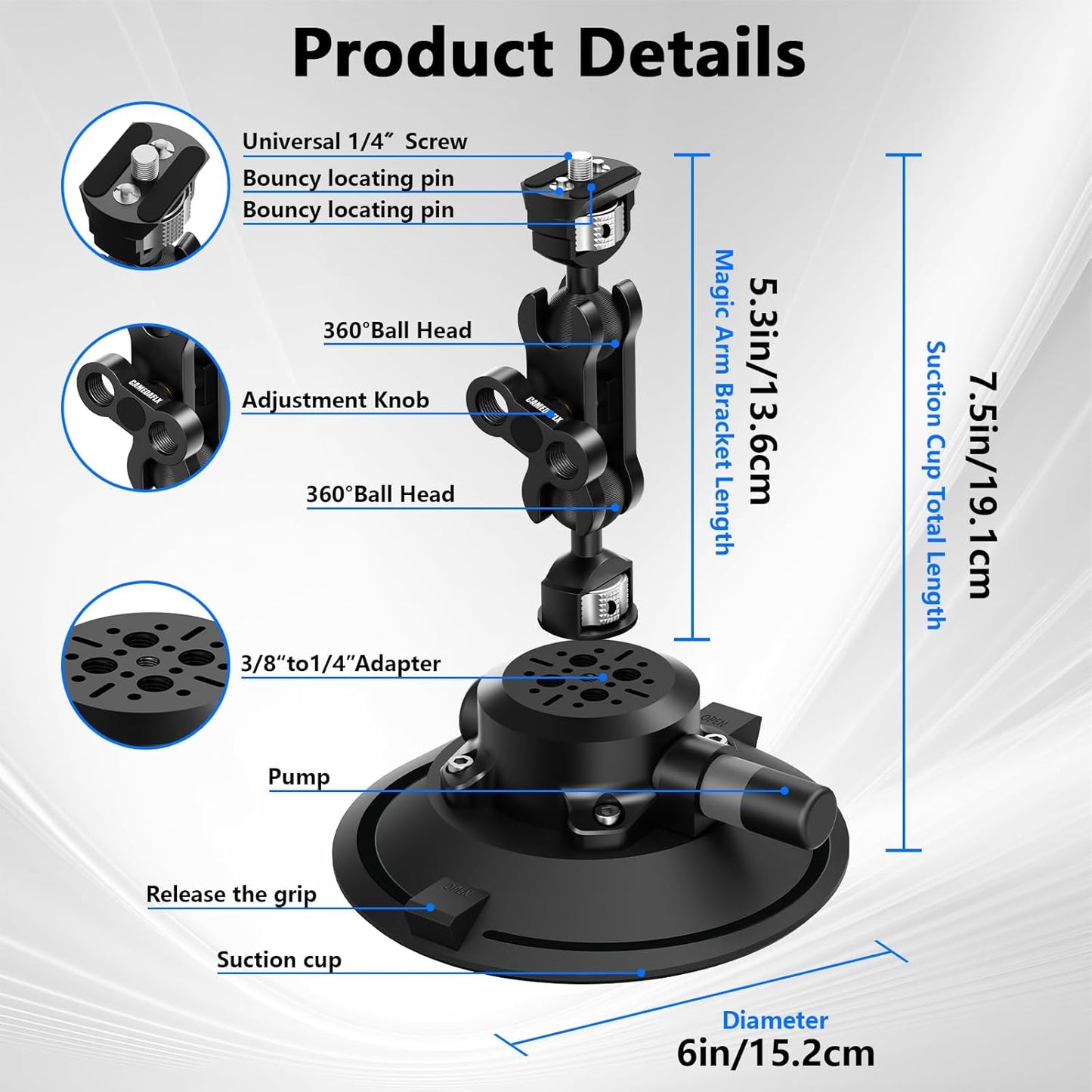 CAMEDAFLX 6" 1/4",1/8" Camera Suction Cup Mount with Ball Head Magic Arm,Quick Release Metal Vacuum Suction Cup Mount
