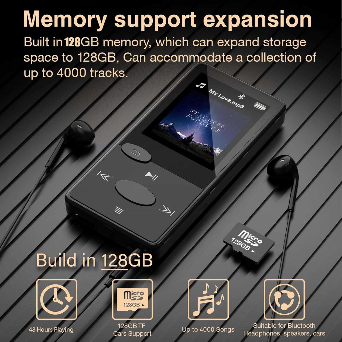 Aiandcc 128GB Mp3 5.3 Mp3 Player with Bluetooth HiFi Sound, Player with FM Radio, Mini Music Player for Kids Adults