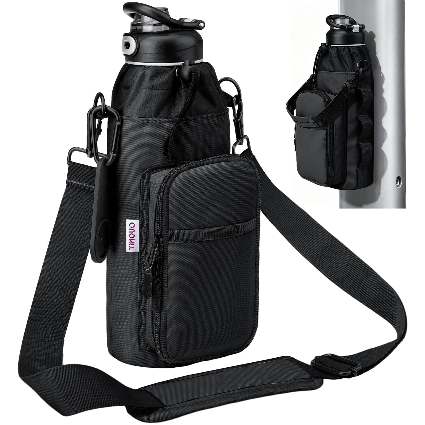 TiMOVO Magnetic Gym Bag, Water Bottle Holder with Strap & Phone Pockets, Built-in 5 Neodymium Magnets, Fits 18–40 oz Bottles, Gym Accessories for Sports, Travel, Workout, Black