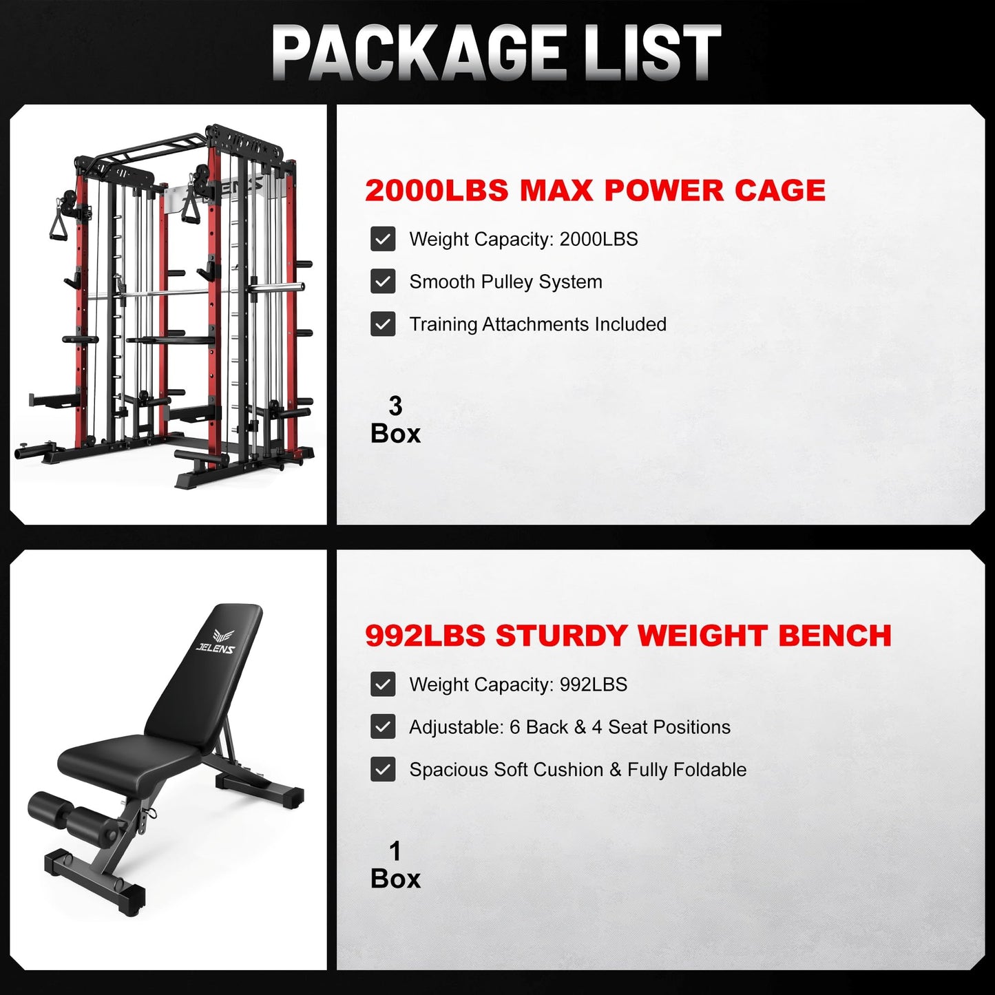 JELENS Smith Machine for Home Gym, Multi-Function M12 Power Cage, Squat Rack with Smith Bar and More Attachment (Red, Weight Bench Package)