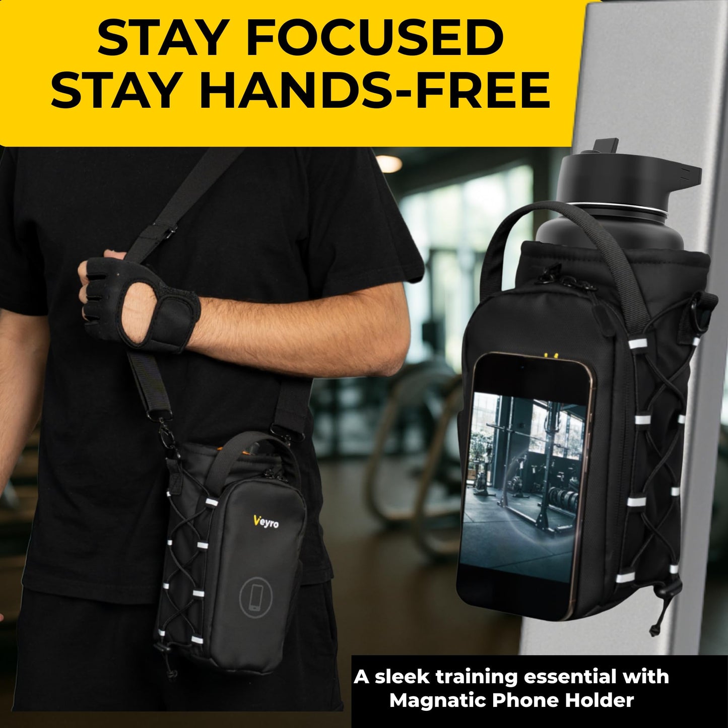 Veyro Magnetic Gym Bag with strong Magnetic Phone Holder - Gym water bottle bag holder for men and women - Compact Gym Crossbody Pouch - Compact Crossbody Pouch (Black)