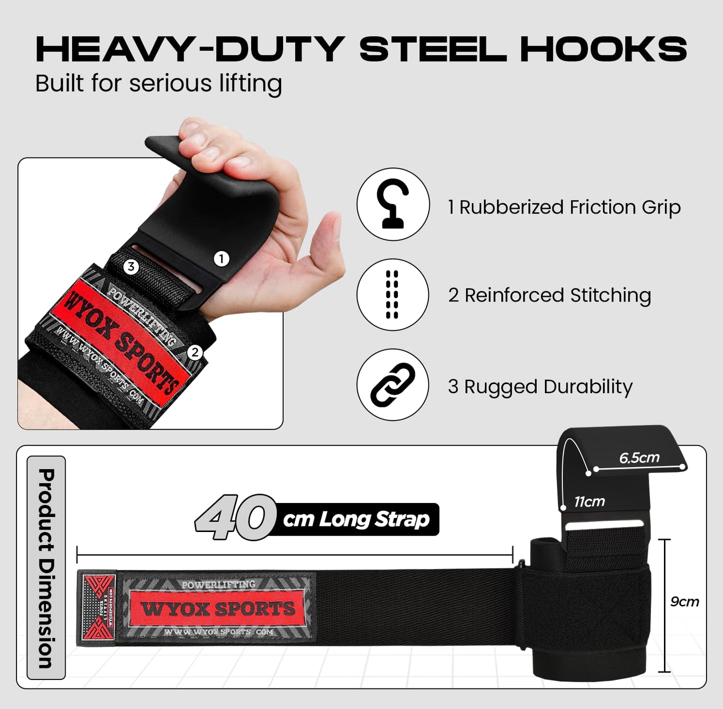 WYOX Weight Lifting Hooks for Deadlift, Pull Ups & Rows – Heavy Duty Wrist Support Grips to Lift Heavier, Reduce Grip Fatigue & Improve Performance – Padded Straps for Men & Women (Pair of 2)