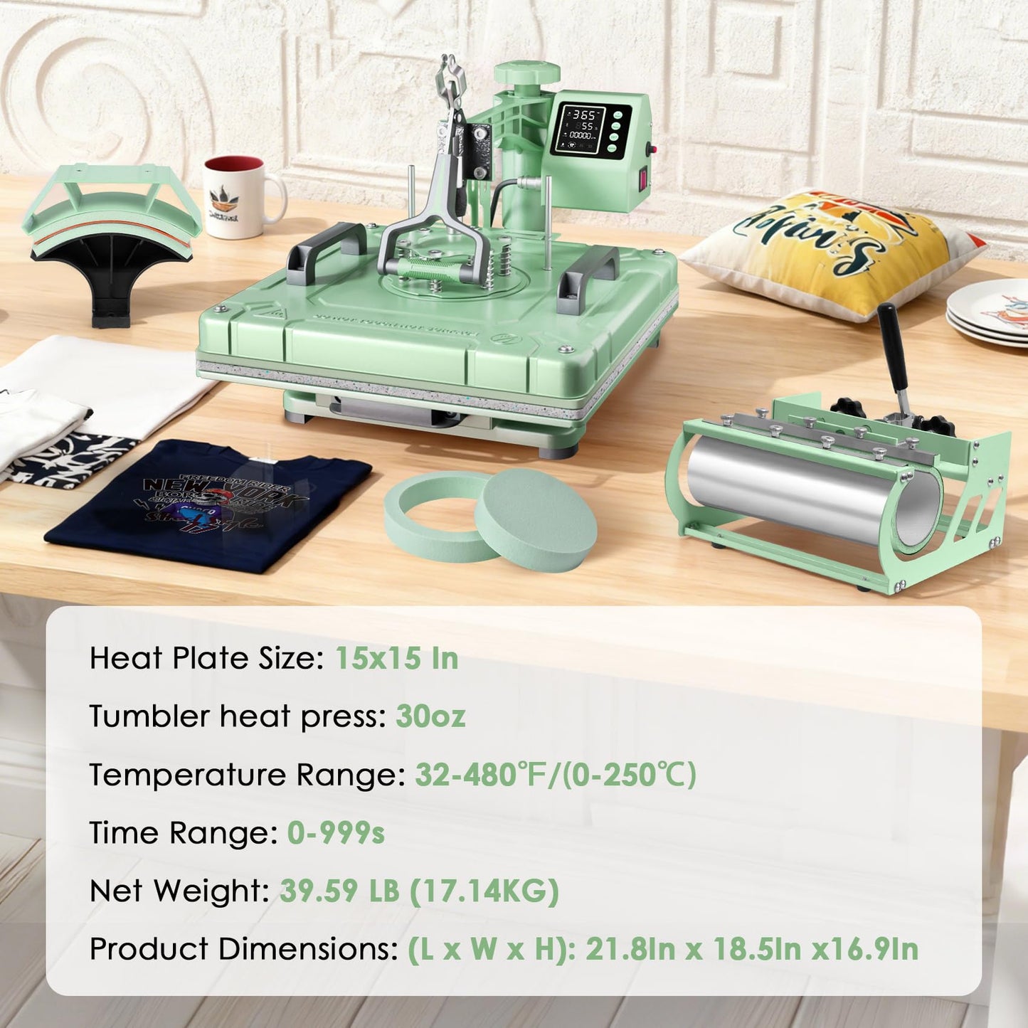 Seeutek Heat Press Machine 15x15 Inch, 5 in 1 Swing Away Sublimation Heat Transfer Press with 20oz & 30oz Tumbler Attachments for T-Shirts, Mugs, Hats & Plates, Green