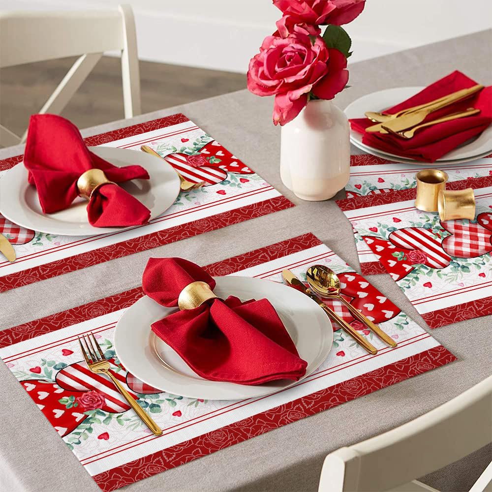 Valentines Day Placemats Set of 6 Washable Table Mats for Kitchen Dining Table, Love Rose Heart Heat-Resistant Cotton Linen Place Mats for Indoor Outdoor Parties Holiday Decoration, Red