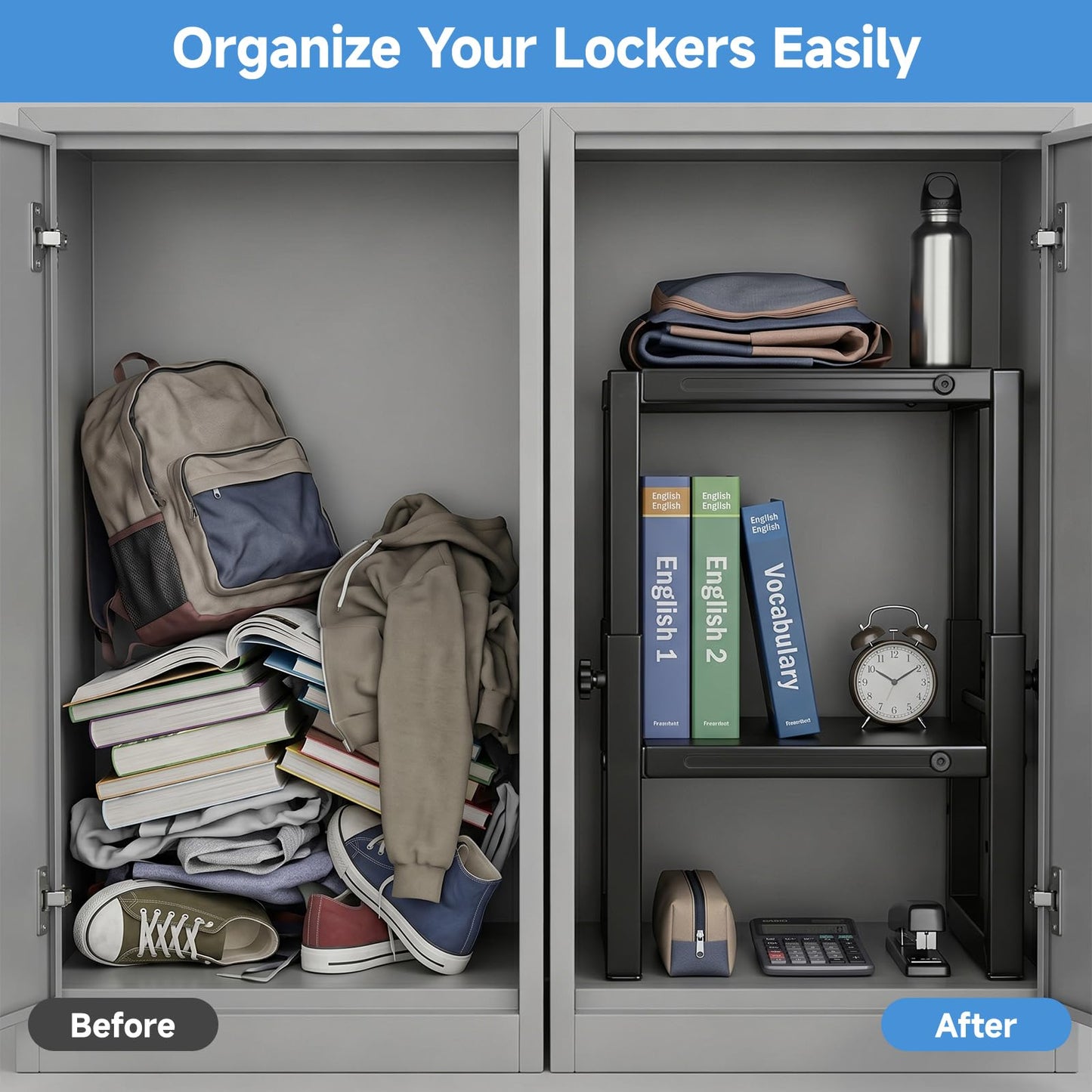 Locker Shelf for School, Adjustable Width and Height Locker Shelf Organizer,Office Desk Shelf Organizer, Heavy Duty locker organizer shelves Ideal Fits Standard Size School, Office, and Gym Lockers