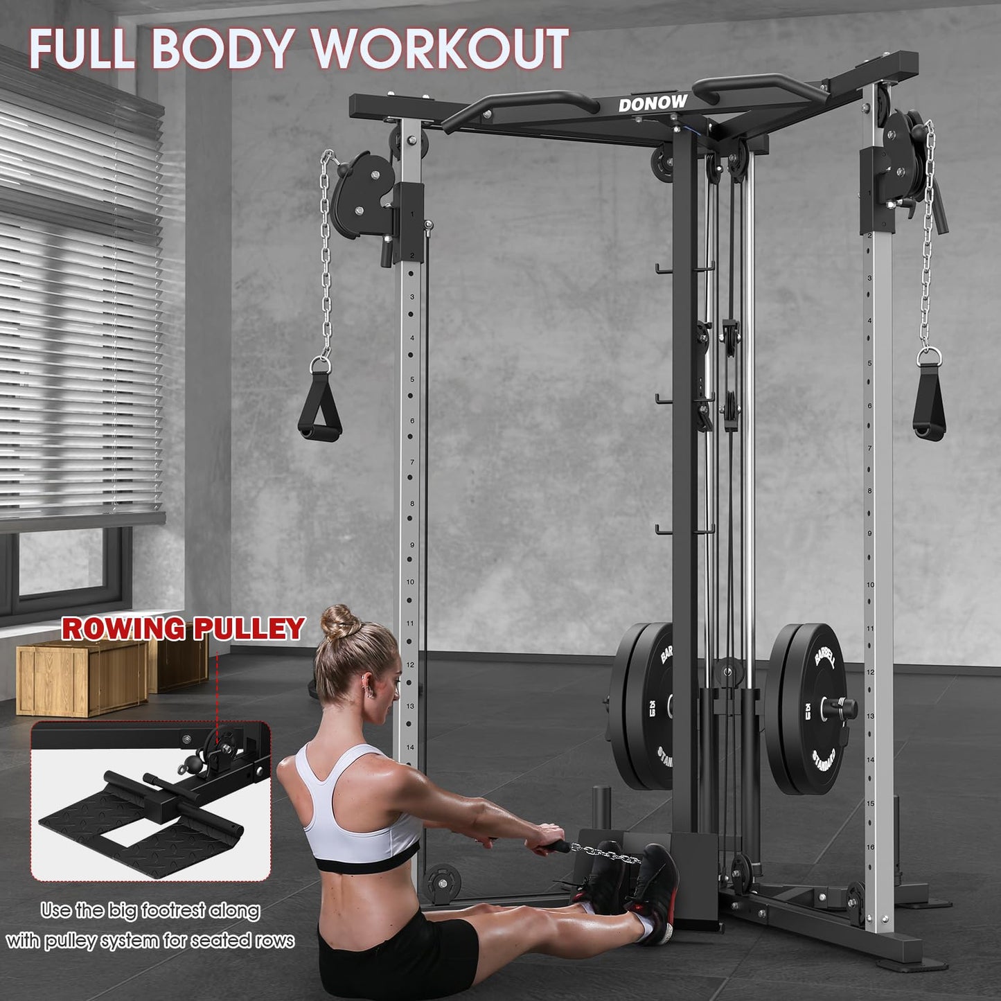 DONOW Cable Crossover Machine, Cable Fly Machine Home Gym System Workout Station with Dual Pulley System Pull-Up Bar Cable Bar and LAT Pull Down System
