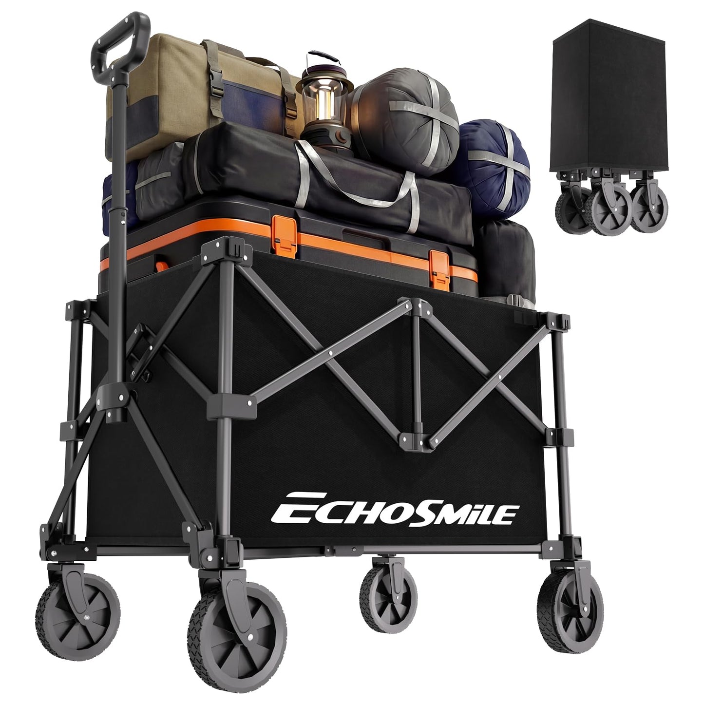 EchoSmile Lightweight Collapsible Wagon Cart, Compact Foldable Wagon for Grocery, Camping & Sports, Easy Fold Utility Wagon,Black