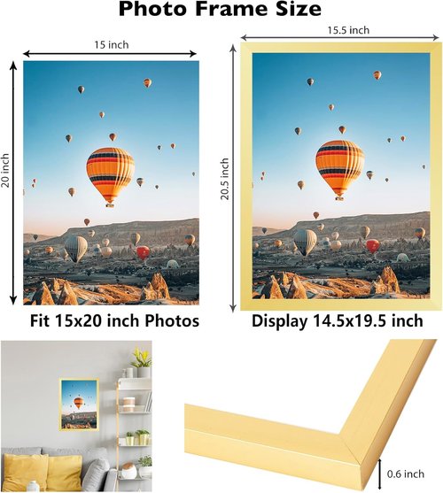 JCJMY 15x20 Picture Frame - Elegant Gold Design for Horizontal & Vertical Wall Display | 15 x 20 Inch