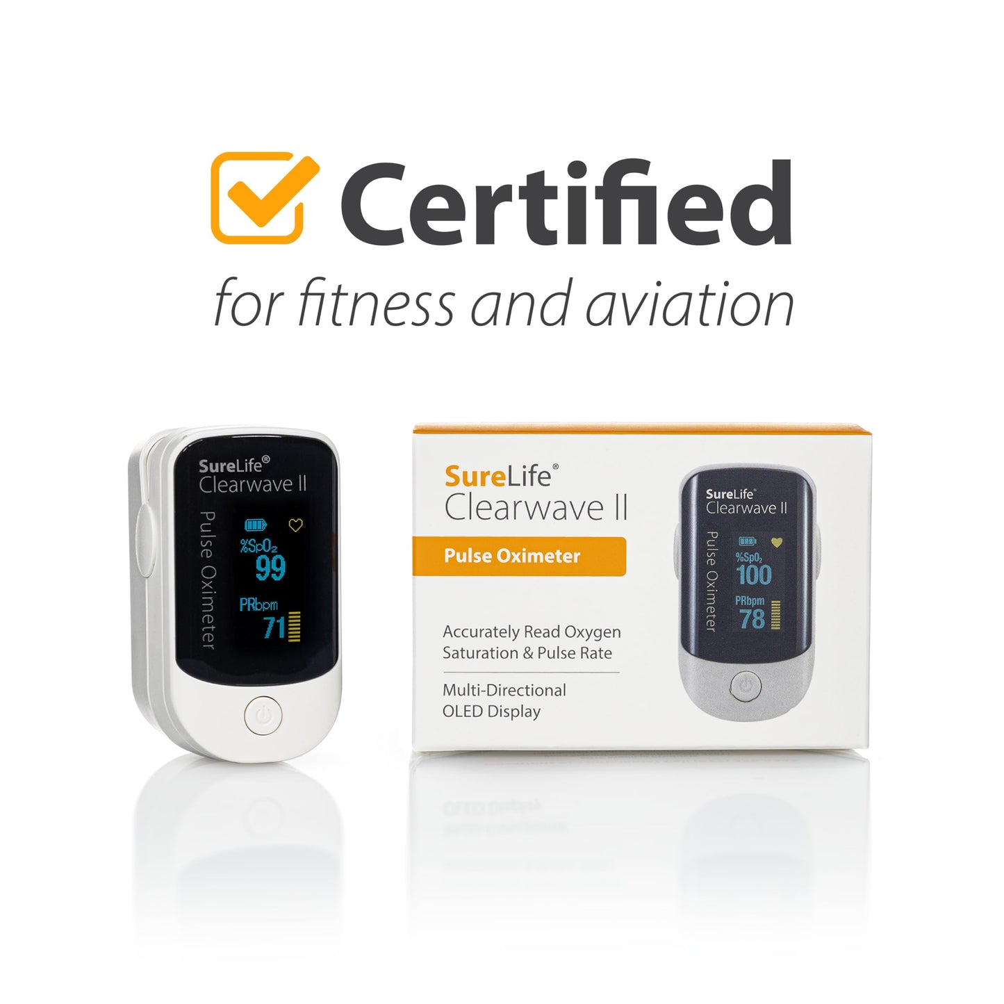 SureLife Clearwave II Pulse Oximeter with OLED Display, SpO2 Sensor, Pulse Rate and Strength Monitor, Multi-Angle View, One Button Operation, Fingertip Oximeter with Batteries and Lanyard