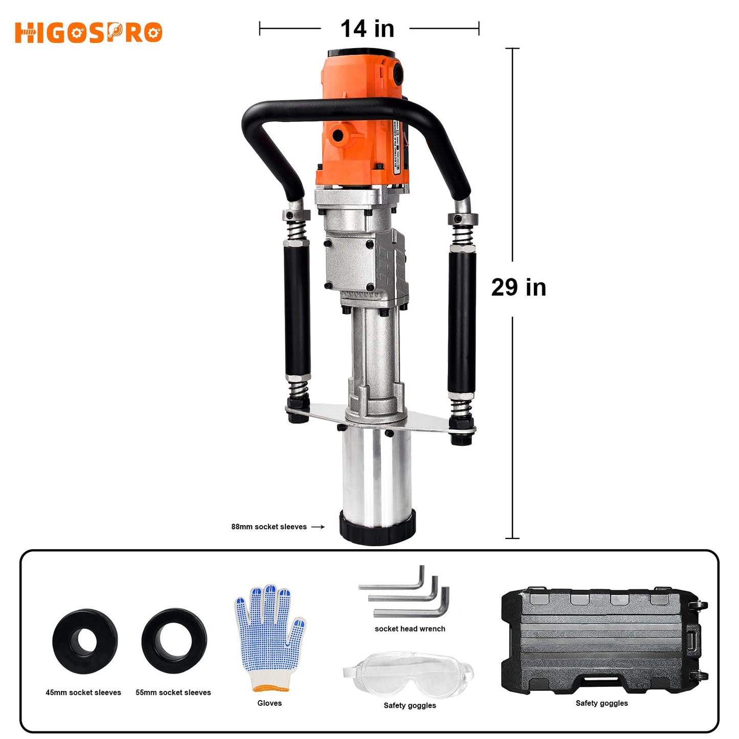 HIGOSPRO 1250W Electric T Post Driver - 110V Handheld Pile Driver with 1700 BPM, 3 Pile Sleeves (45mm/55mm/88mm) for Fencing & Construction