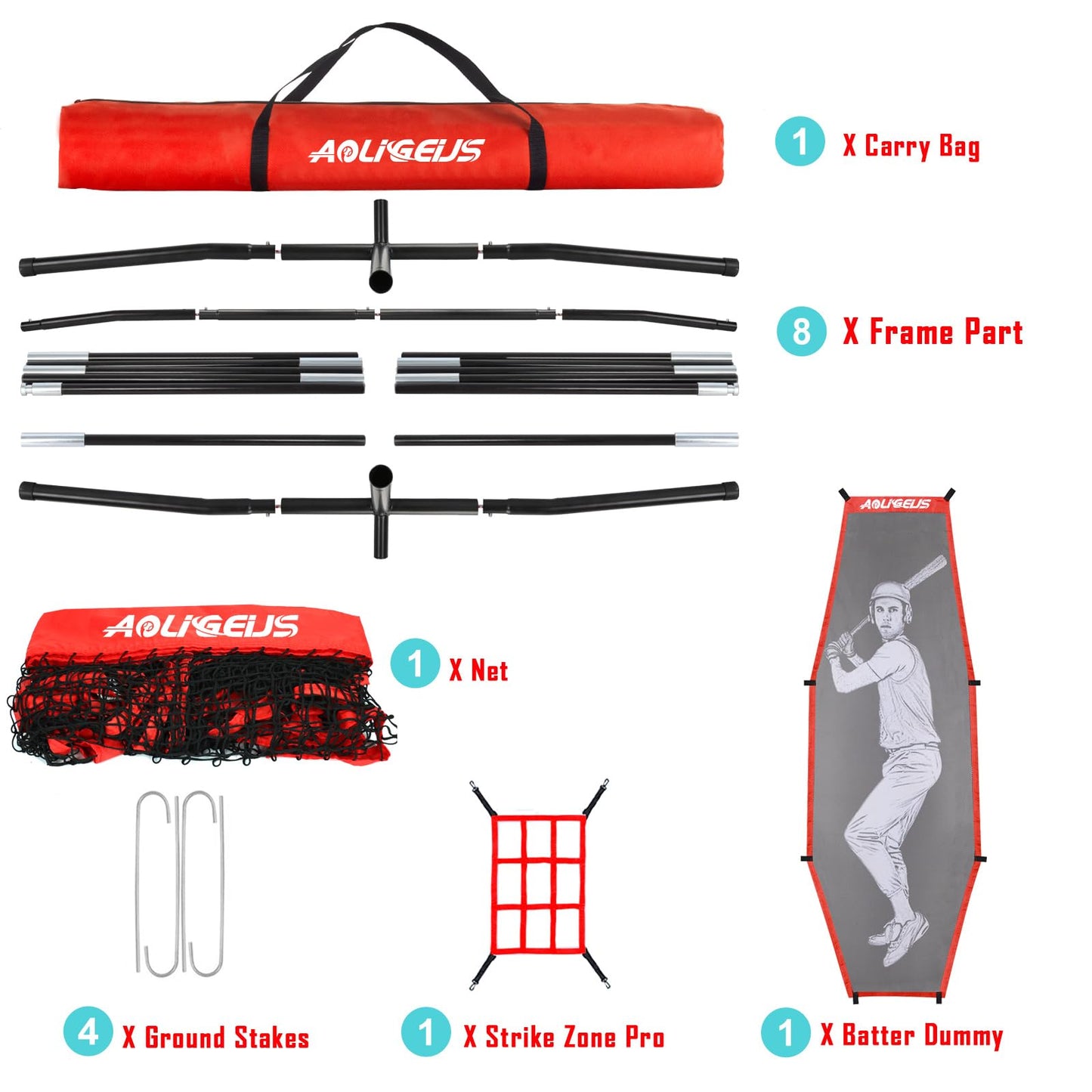 AOLIGEIJS 7'X7' Baseball Softball Practice Net,Pitching Net, Batting Net,with Tee,Bonus Strike Zone and Bow Frame,for Hitting,Pitching, Catching,with Carry Bag (Basebll Net+Batter Dummy) Red