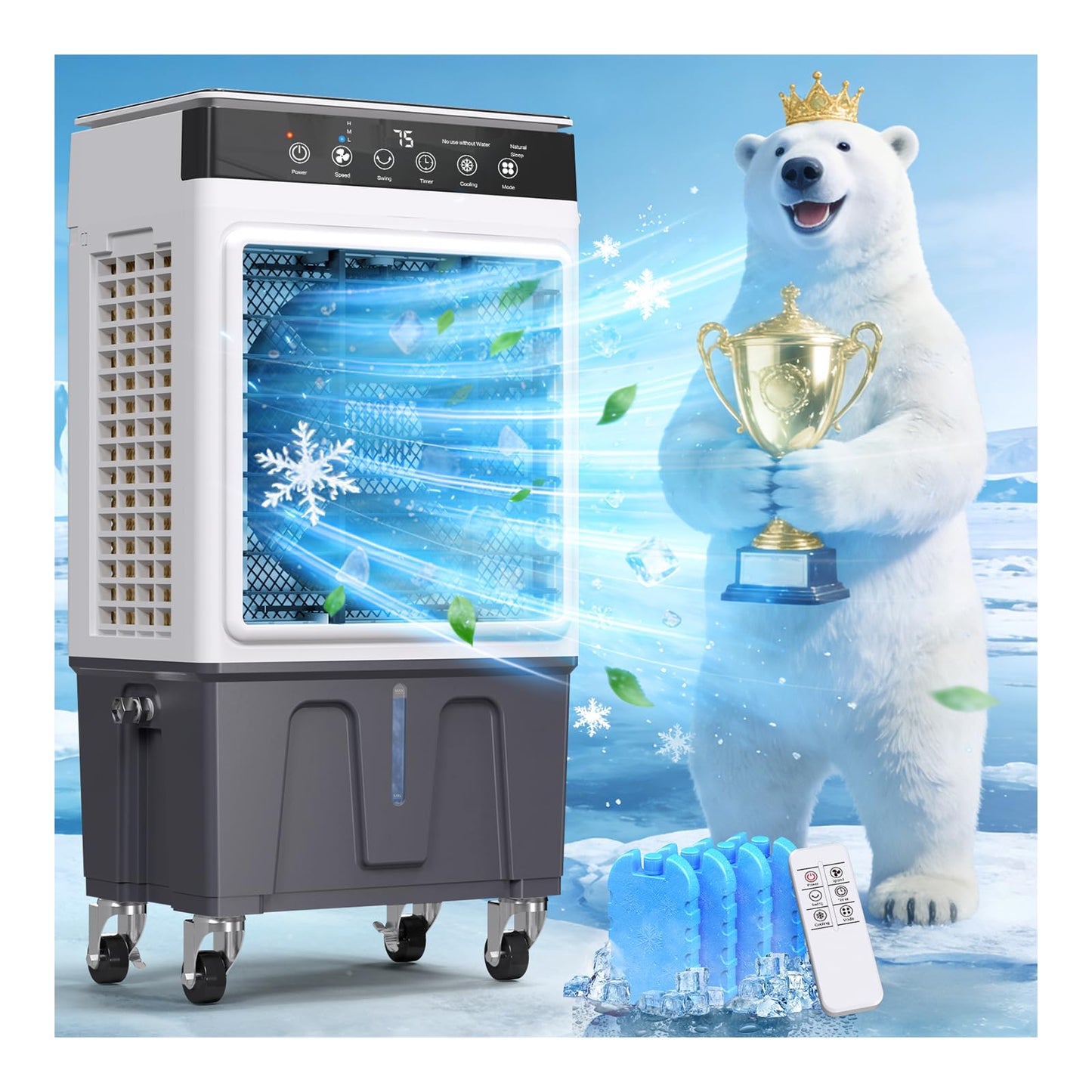 Swamp Cooler Air Conditioner, 4-in-1 Evaporative Air Cooler with 7.5-Gal Water Tank, 4 Modes, 3 Speeds, Dry Burn Protection, Remote, 12H Timer, Portable Windowless AC for Home, Office, Garage