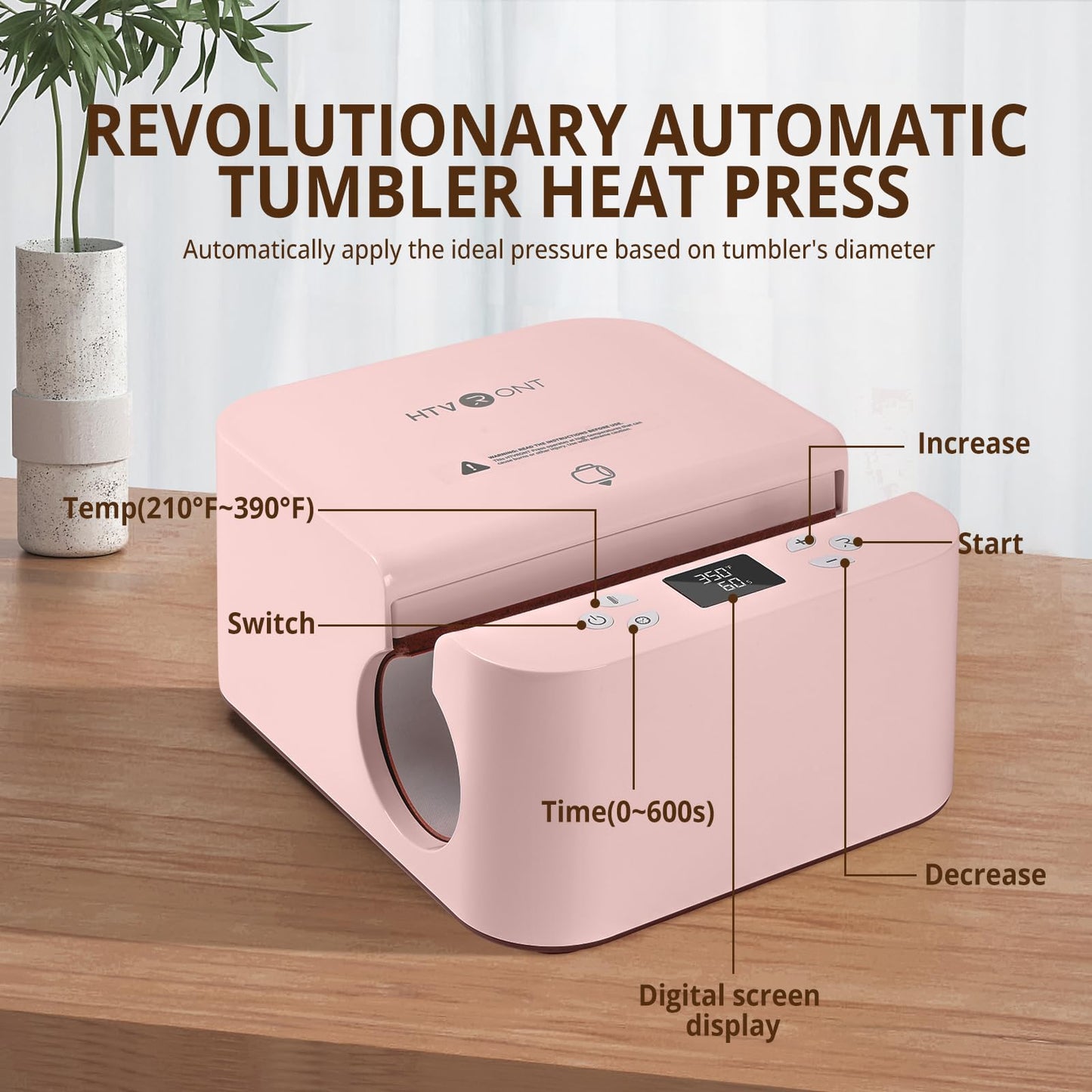 HTVRONT Auto Tumbler Heat Press Machine - Mug Heat Press Heat Up Fast & Even, Professional Tumbler Press High-Security for 2.9-3.2inch Sublimation Tumblers, Cups, Glasses and Mugs (Pink)