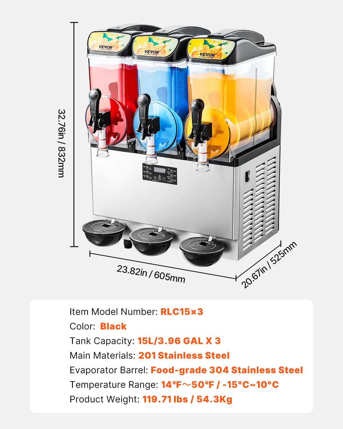 VEVOR Commercial Slushy Machine, 15Lx3 Triple Tank Margarita Machine, 180 Cups Stainless Steel Margarita Smoothie Frozen Drink Machine, Slushie Machine for Party Restaurants Cafe Bars