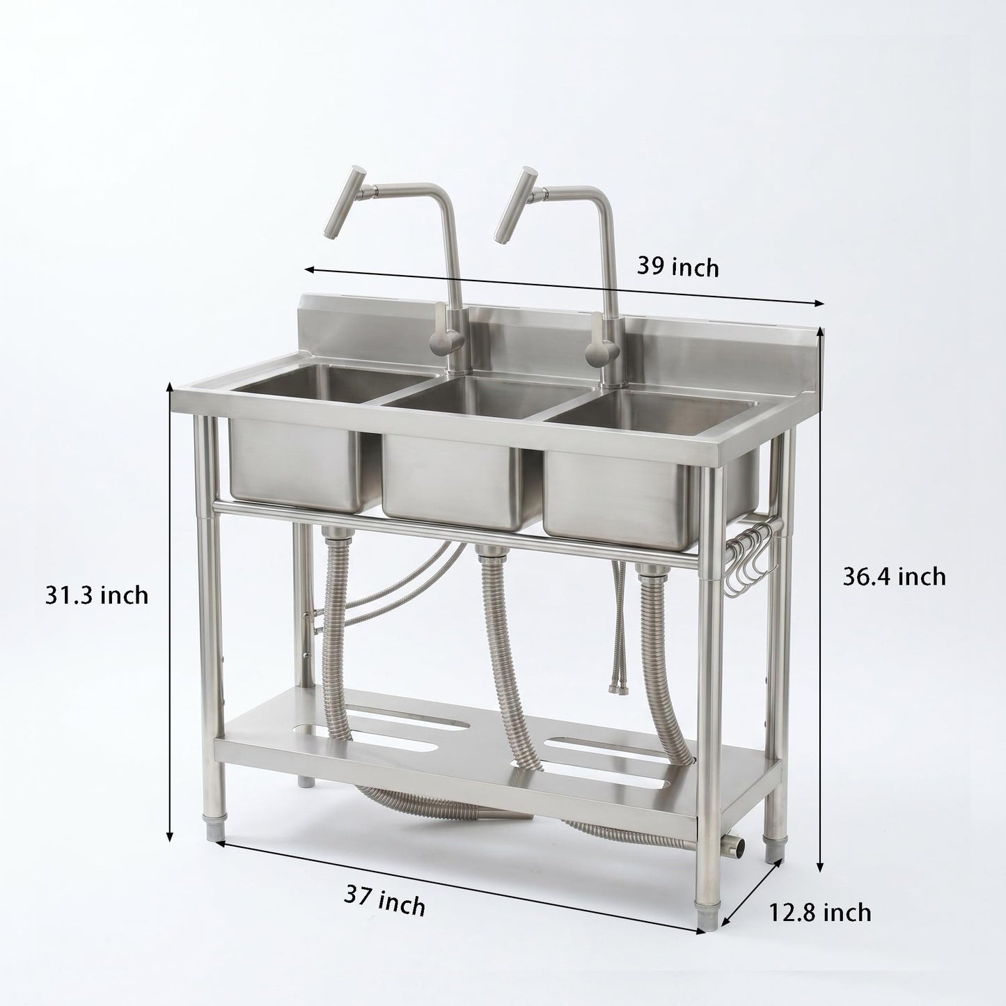 Utility Sink Freestanding Three Bowl Stainless Steel Sink, 39 x 18 x 36 Inch, No Drawer Stand and Two T-Shaped Faucets, Laundry Sink for Kitchen, Bathroom, Garage and Patio