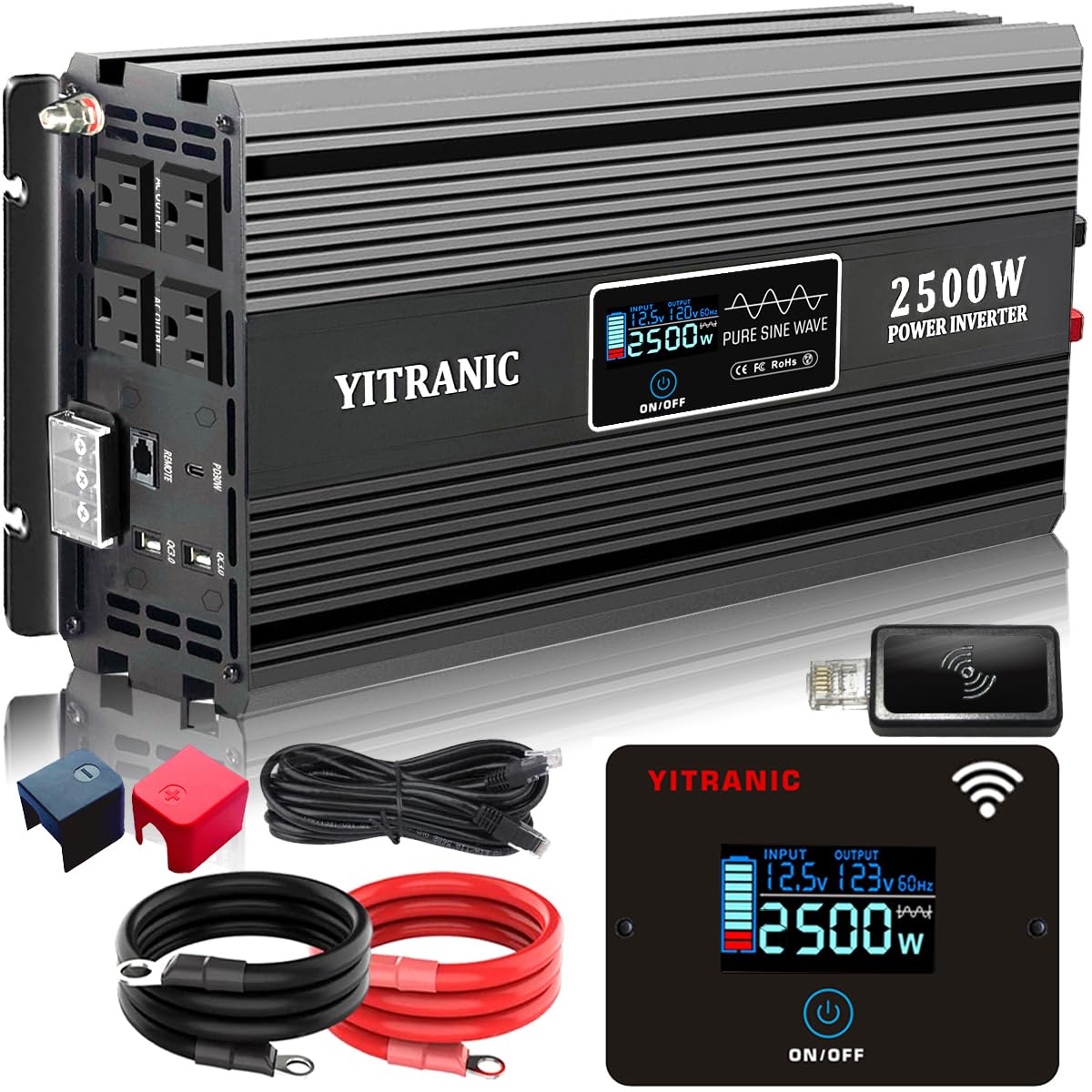 YITRANIC 2500W Pure Sine Wave Inverter 12V DC to 120V AC Upgraded 2000 watt Inverter, with164ft Wireless LCD Remote, USB/Type-C Fast Charging, Hardwire Port for RV, Home Emergency, Off-Grid Solar