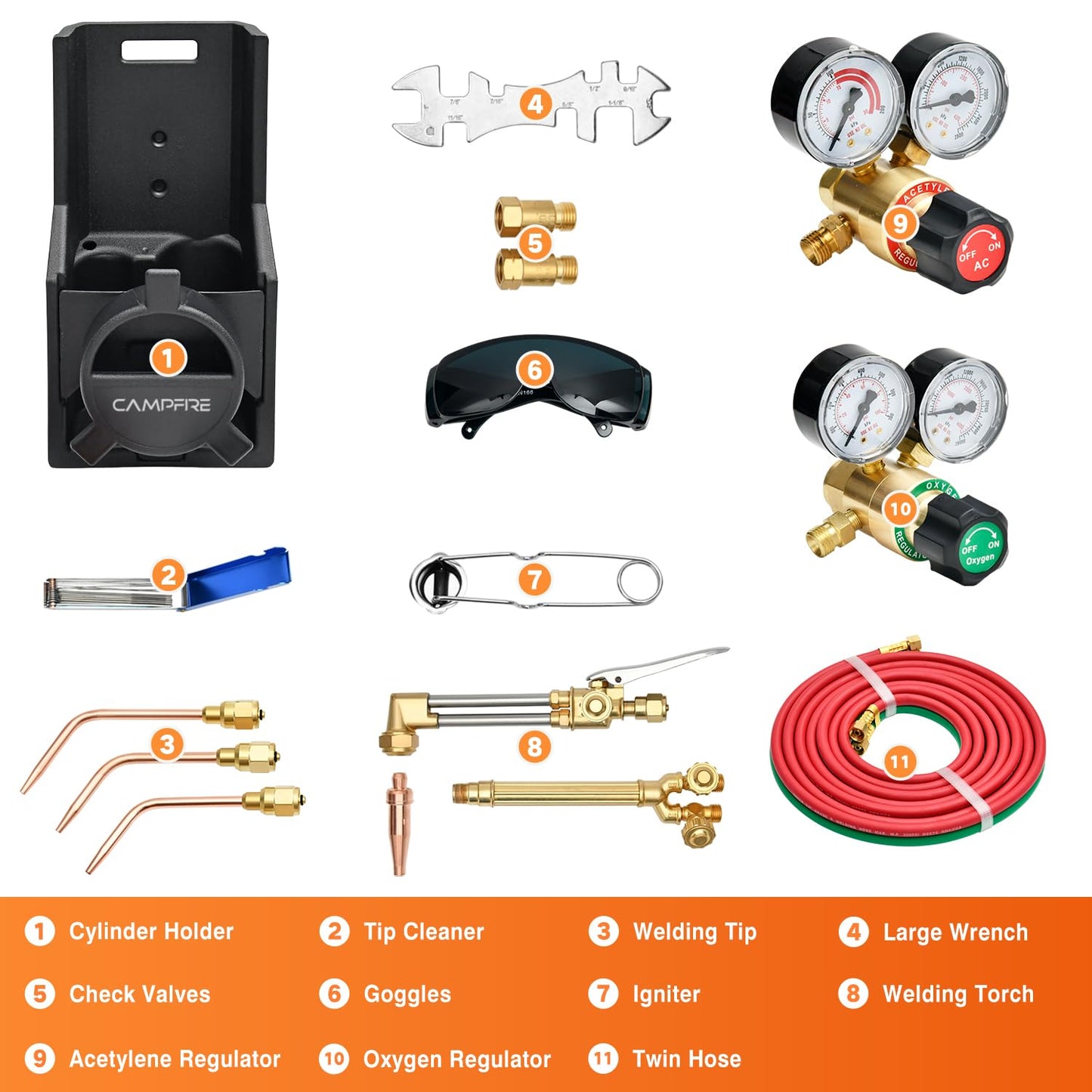 CAMPFIRE Medium Duty Oxy Acetylene Torch Kit V Series Welding Cutting Outfit Fits CGA 540 Oxygen CGA 200 Acetylene Tanks Portable Tote Kit with Dual Regulators 2 Tips, No Tanks