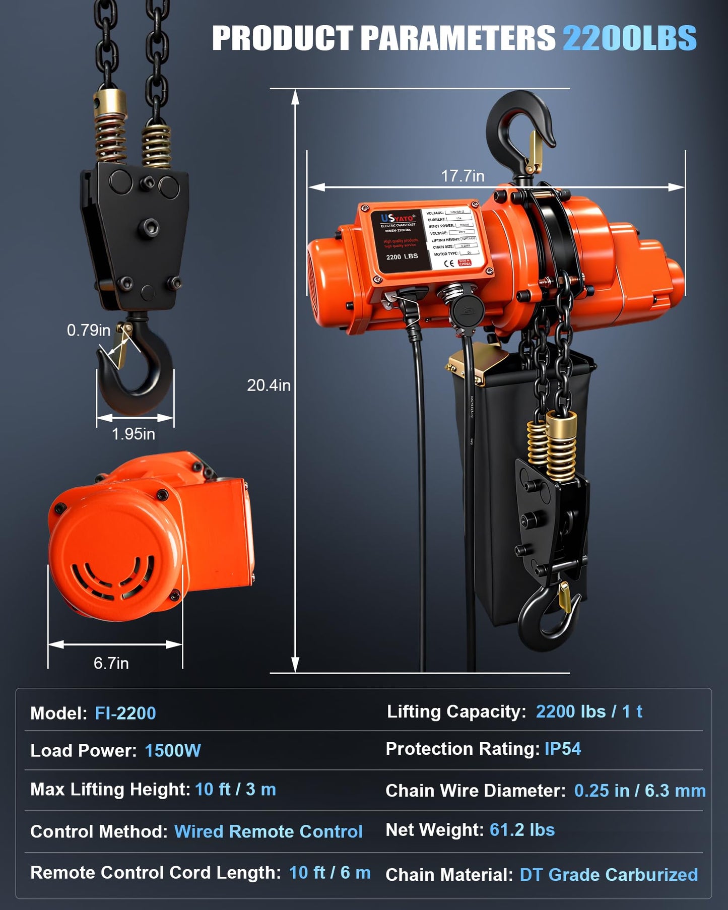 USYATO Electric Chian Hoist, 2200 lbs Material Handling Tool, Electric Hoist with 20 ft Wired Remote Control, 120V Single Phase Overhead Crane with Chain for Warehouses, Factories, Attic