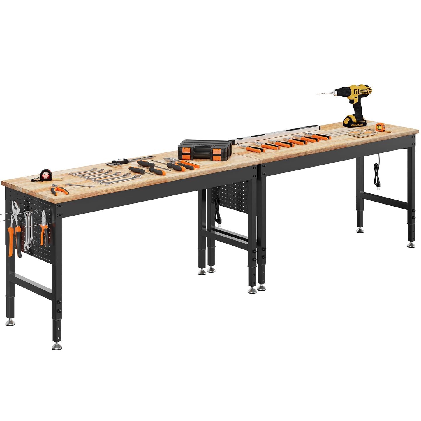CAMMOO 120" Adjustable Heavy Duty Workbench, 2000 LBS Load Capacity Rubber Wood Work Table with Pegboard, Power Outlets, Work Bench for Garage, Workshop, Office, Home, Commercial, Ships in 2 Boxes