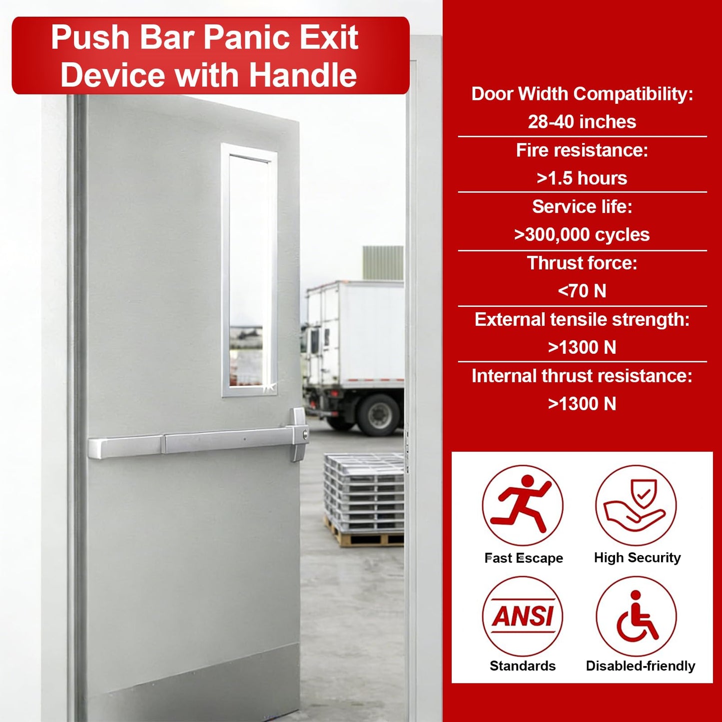 Push Bar Panic Exit Device with Handle, 31 Inch Aluminum Emergency Exit Door Hardware with 6 Keys, Commercial Emergency Door Lock Fits 31"-47" Wood & Metal Doors, Left/Right Compatible