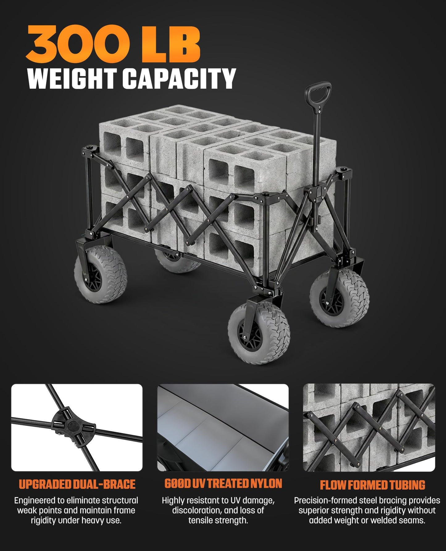 Beach Wagon with Heavy-Duty 10" Air Tires - All Terrain Folding Card with Big Wheels for Sand and Gravel - 300 LB. Capacity (Black)
