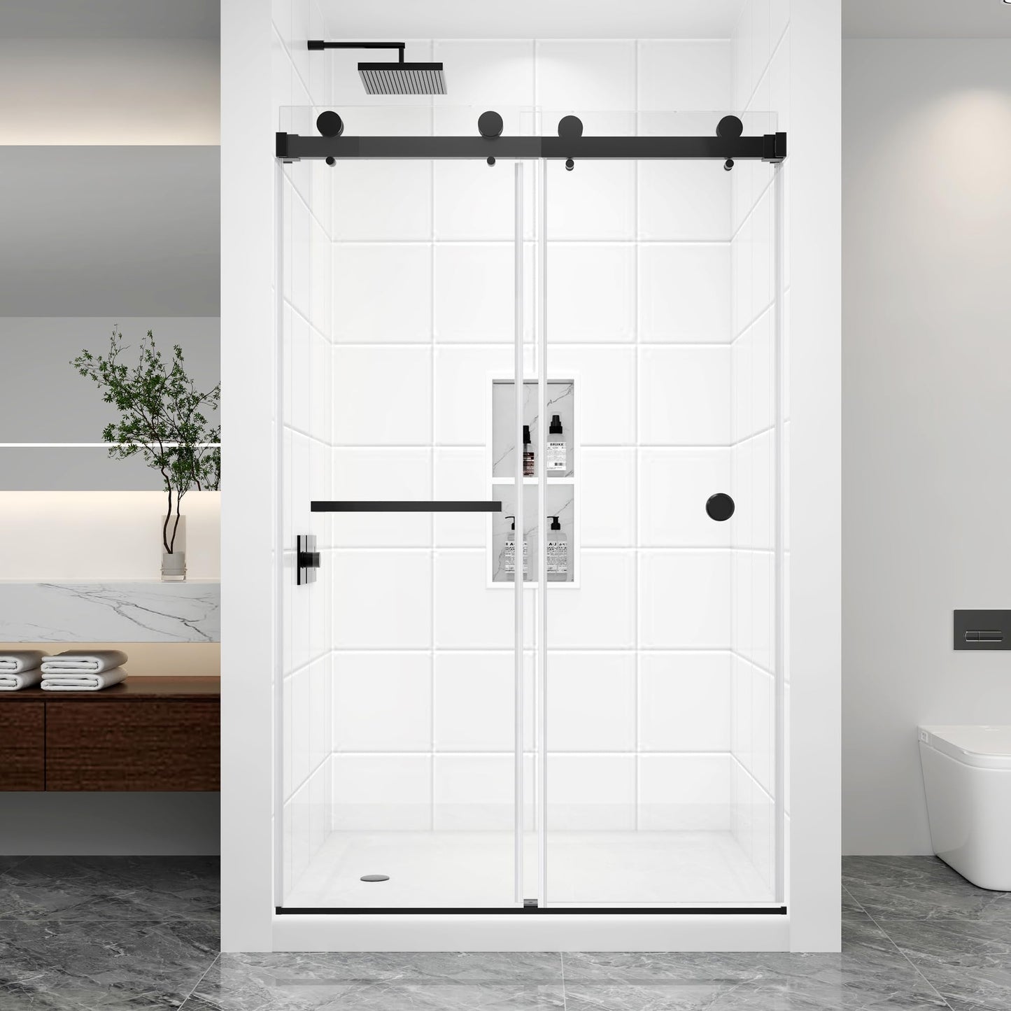 FELYL Black Double Sliding Shower Door 43-48" W x 76" H, Double Sliding Door, Frameless, 5/16" (8mm) Tempered Glass