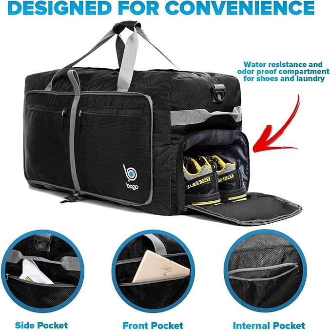 Bago Large Foldable Duffel Bags for Traveling Women & Men - 100L Packable Duffle Bag for Travel with Shoe Compartment - Water Repellant, Heavy Duty, Lightweight Folding & Collapsible (Black)