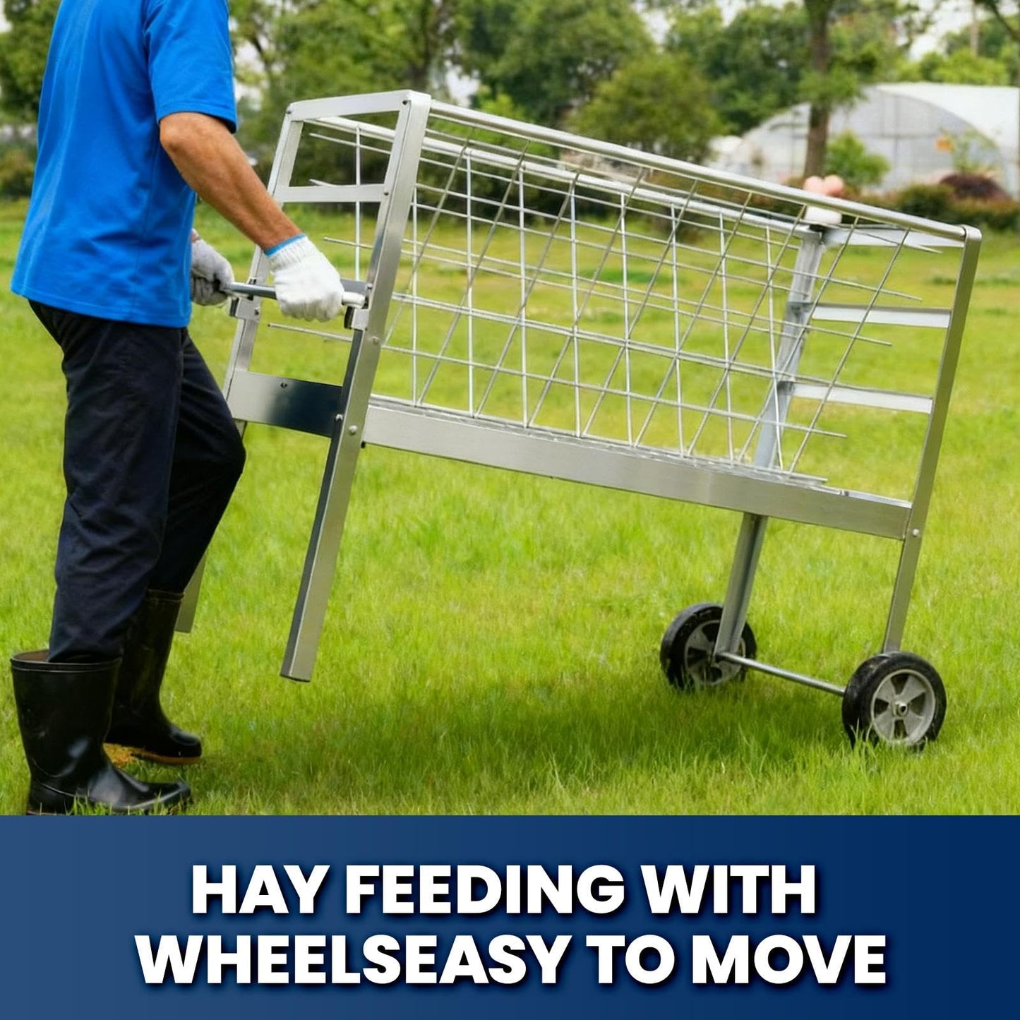 Goat Hay Feeder with Wheels, Goat Feeder 2‑in‑1 Galvanized Steel Heavy‑Duty Design, Large Capacity Rust‑Proof Livestock Feeder, Easy to Clean Mobile Cart for Goats, Sheep, Horses & Ponies
