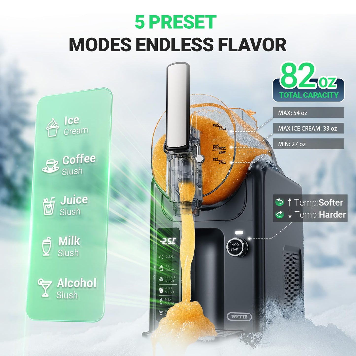 WETIE Slushie Machine, 82oz Slushy Maker with Adjustable Temperature, LED Display, Auto-Clean, 5-in-1 Frozen Drink Maker for Ice Cream, Frappés, Milkshake, Frozen Margaritas, 24H Running for Home