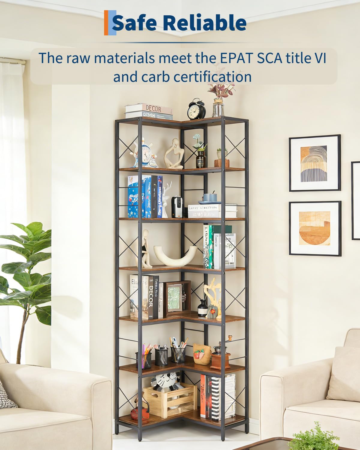 Garvee Corner Shelf, 7 Tier Industrial Corner Bookshelf, Wood and Metal Frame Large Bookcase, Freestanding Display Shelf for Living Room, Kitchen, Home Office, Rustic Brown