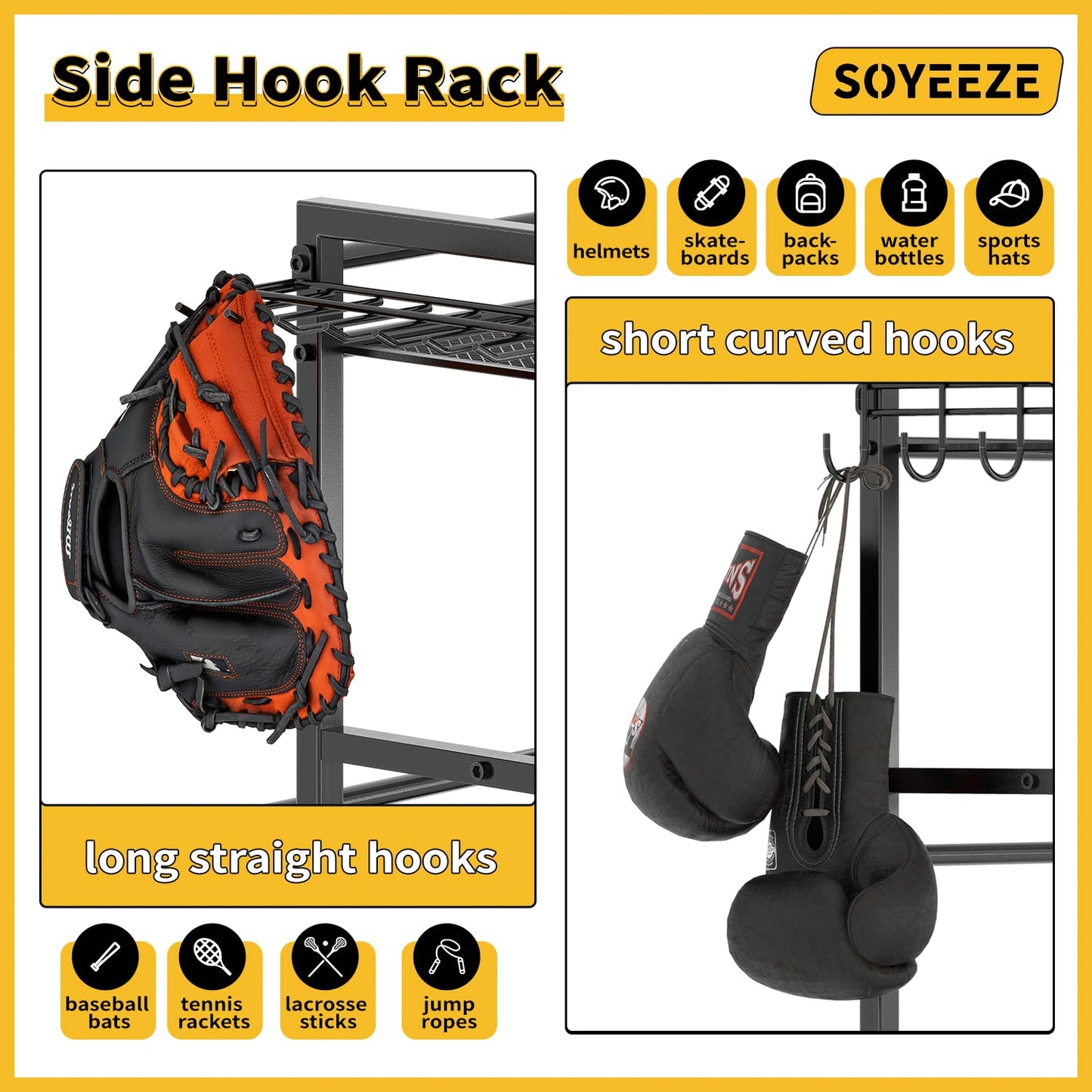 SOYEEZE Sports Equipment Organizer- Ball Storage for Garage,4 Tiers Outdoor Toy Storage,Soccer Racks,Basketball Shooting Training Stand Cart with Wheels and Hooks for Home-School and Gym Use