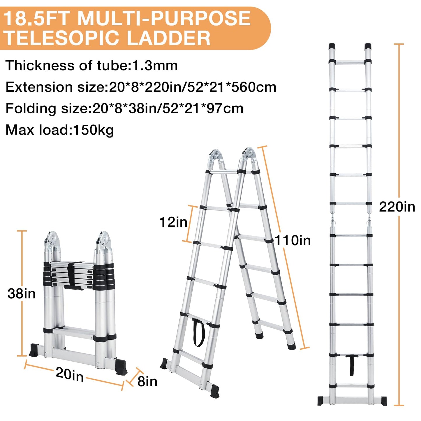 18.5 ft Aluminium Telescoping Ladder, Multi-Use a-Frame Collapsible Ladder with Non-Slip Feet and Stabilizers, Portable & Lightweight, Ideal for Household, Outdoor Working and Garden Use