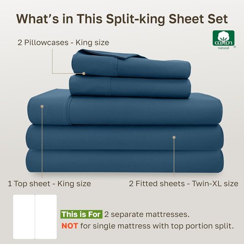 California Design Den Split King Sheet Set - 100% Cotton, 400 TC, Silky Sateen Weave, Deep Pockets - Peacock Blue
