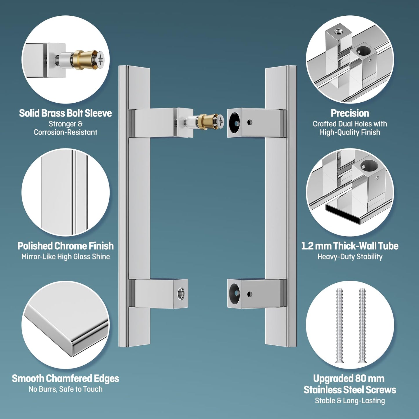Ranbo H-Shaped 12" Rectangle Push Pull Door Handle,Back to Back,200mm (7-7/8 inch) CTC,1.2 mm Thick 304 Stainless Steel,for Barn Front Wood Shower Commercial Entrance Door,Polished Chrome
