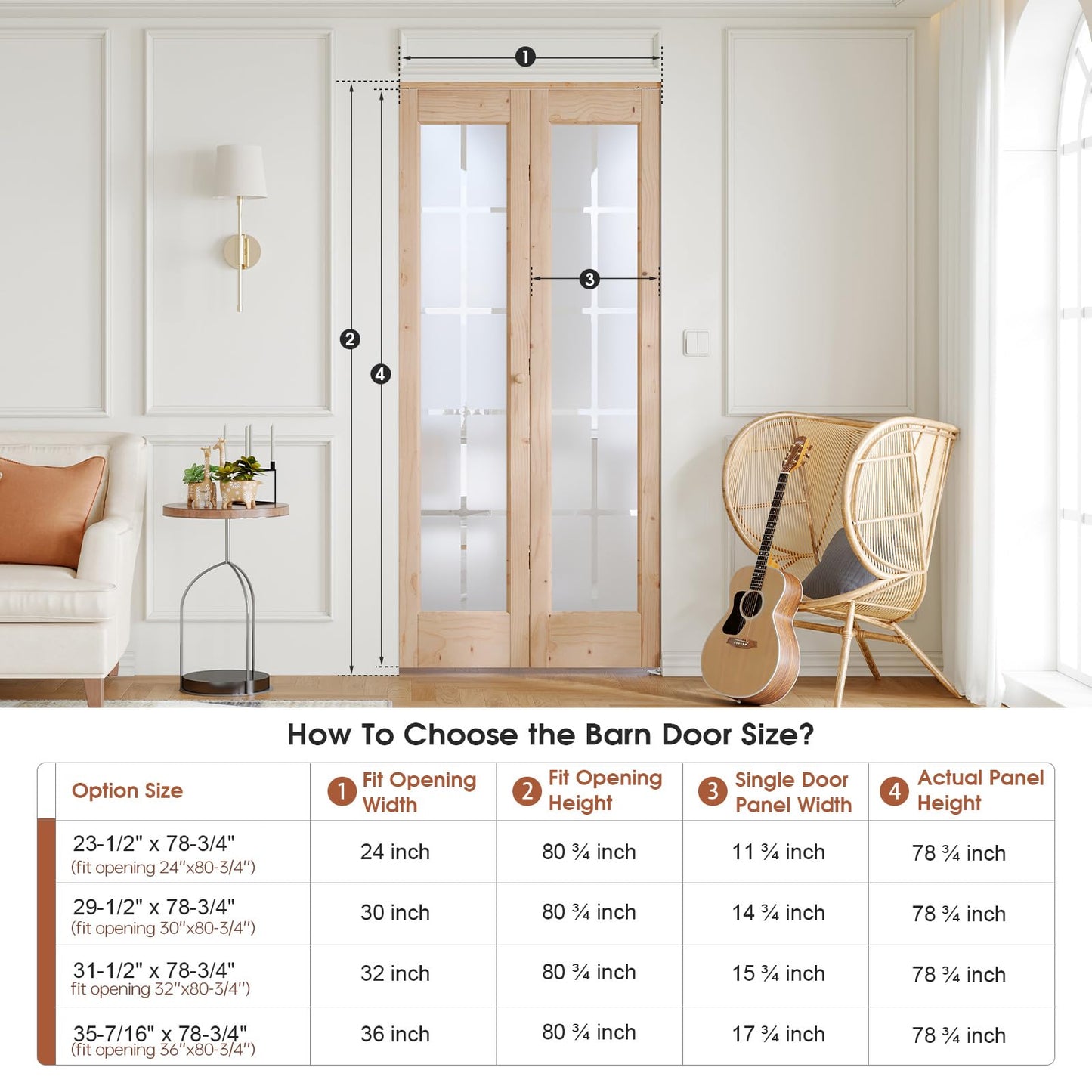 Preassembled Bi-Fold Doors, for 36 x 80 inch Opening,Tempered Frosted Glass Cross Transparent Folding Barn Door with Concealed Hardware Kit,Wood French Doors,Easy Installation