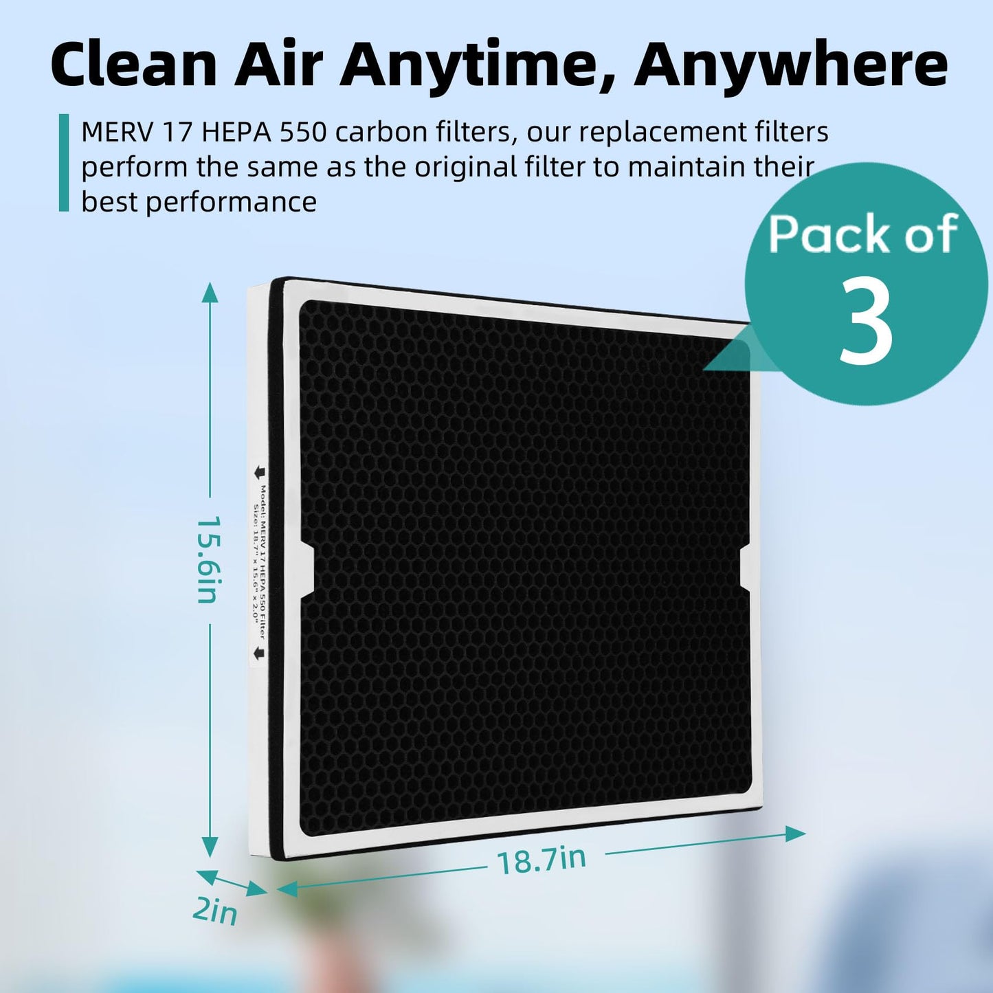 NURATIT 550 HEPA & Activated Carbon Filter Compatible with CADPXS Shield 550 HEPA Air Scrubber, Shield 550 MERV-17 Standard Pleat 18.7x15.6x2, Shield 550 Filter, 2-in-1 Filter Replacement 3 Packs